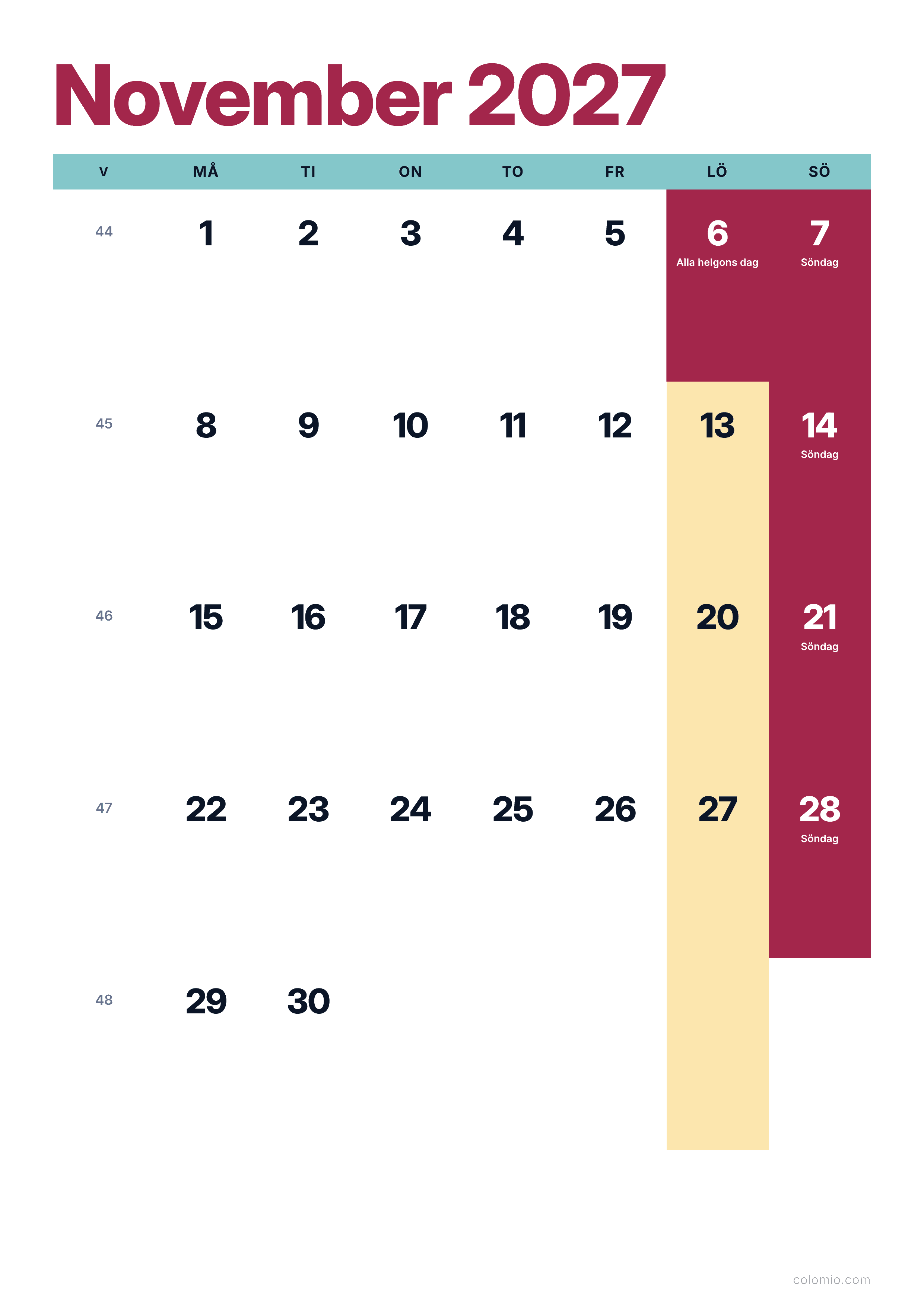 Kalender November 2027 färgglad & modern · stående, PDF att skriva ut