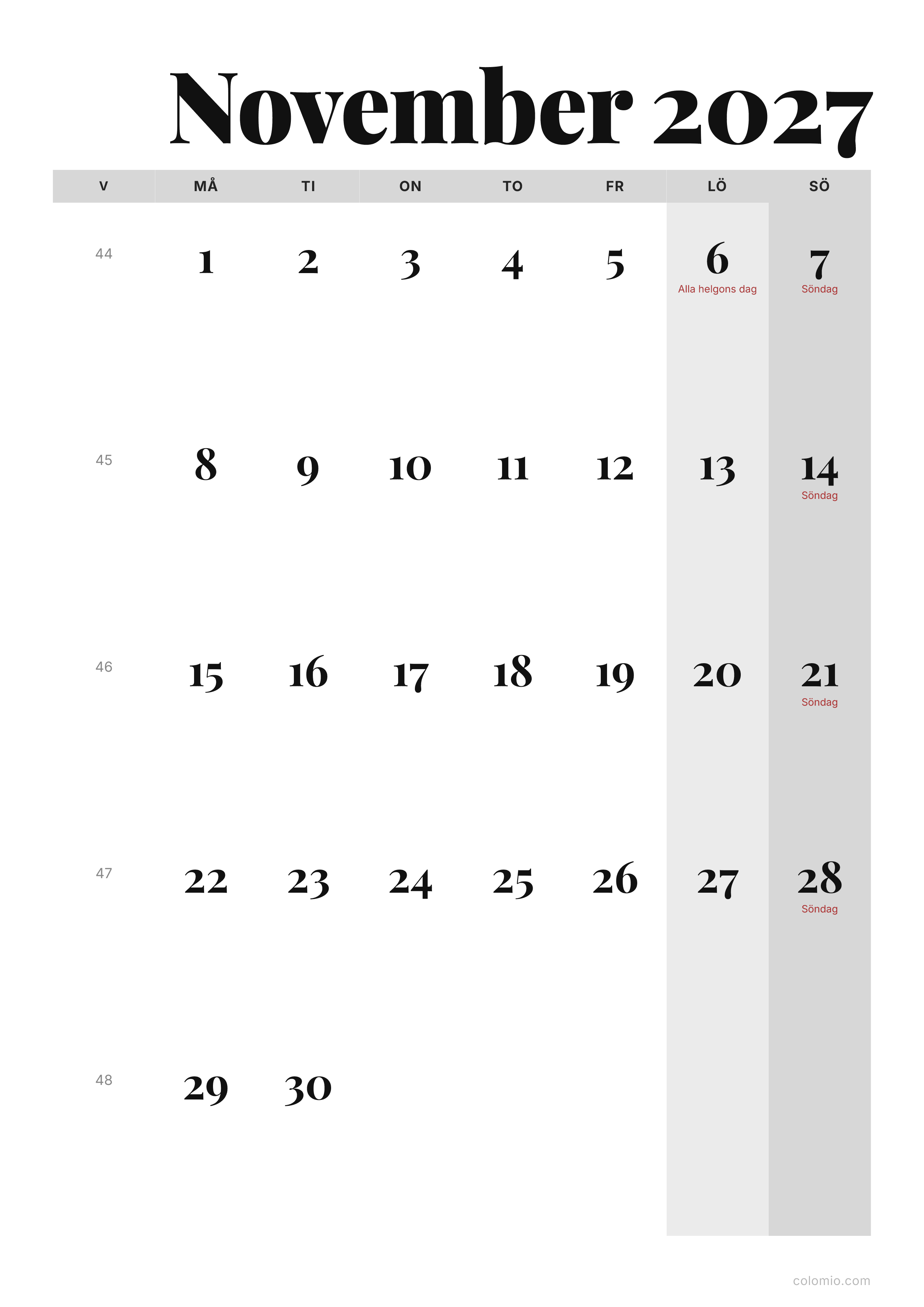 Kalender November 2027 redaktionell · stående, PDF att skriva ut