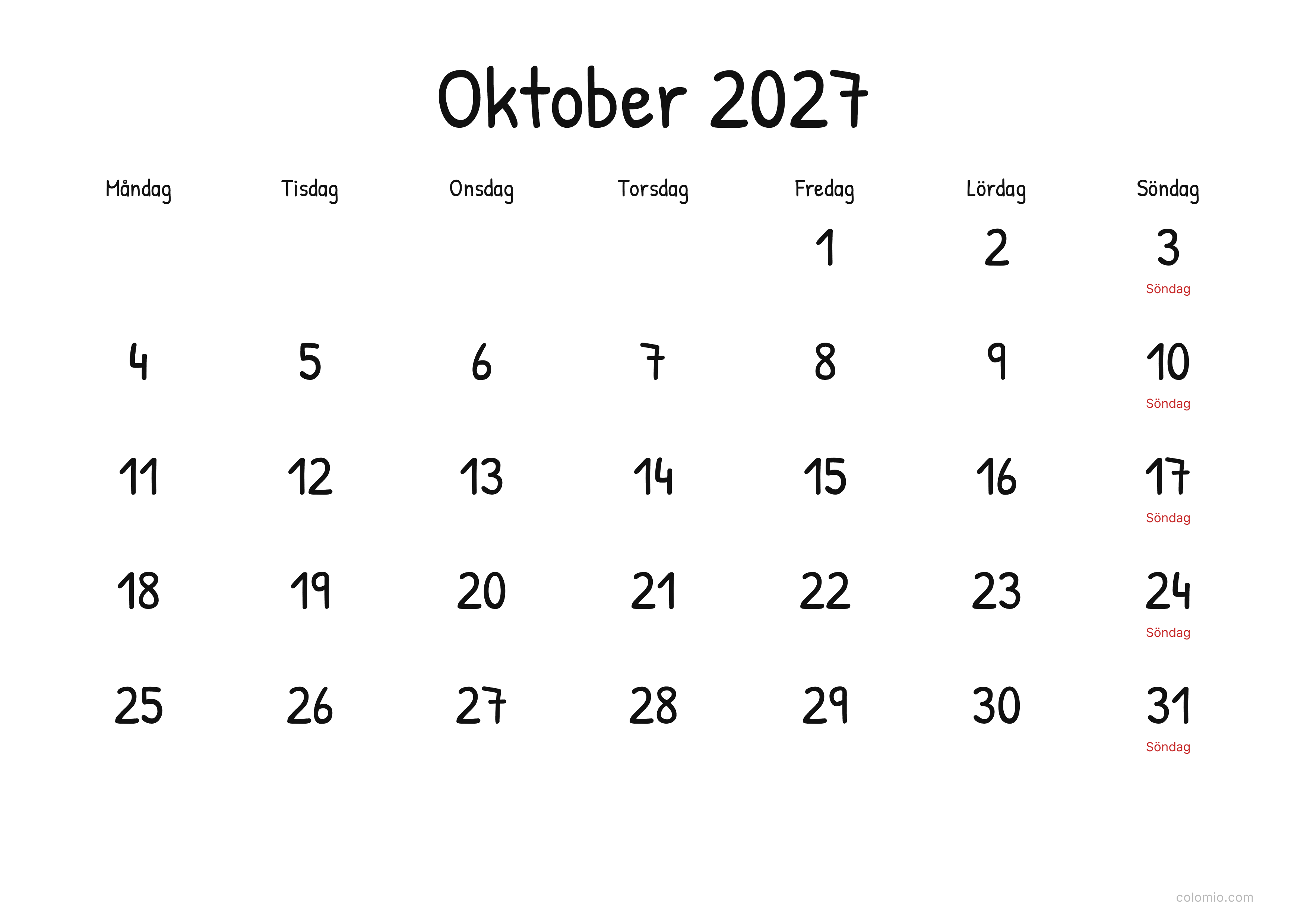 Kalender Oktober 2027 display · liggande, PDF att skriva ut
