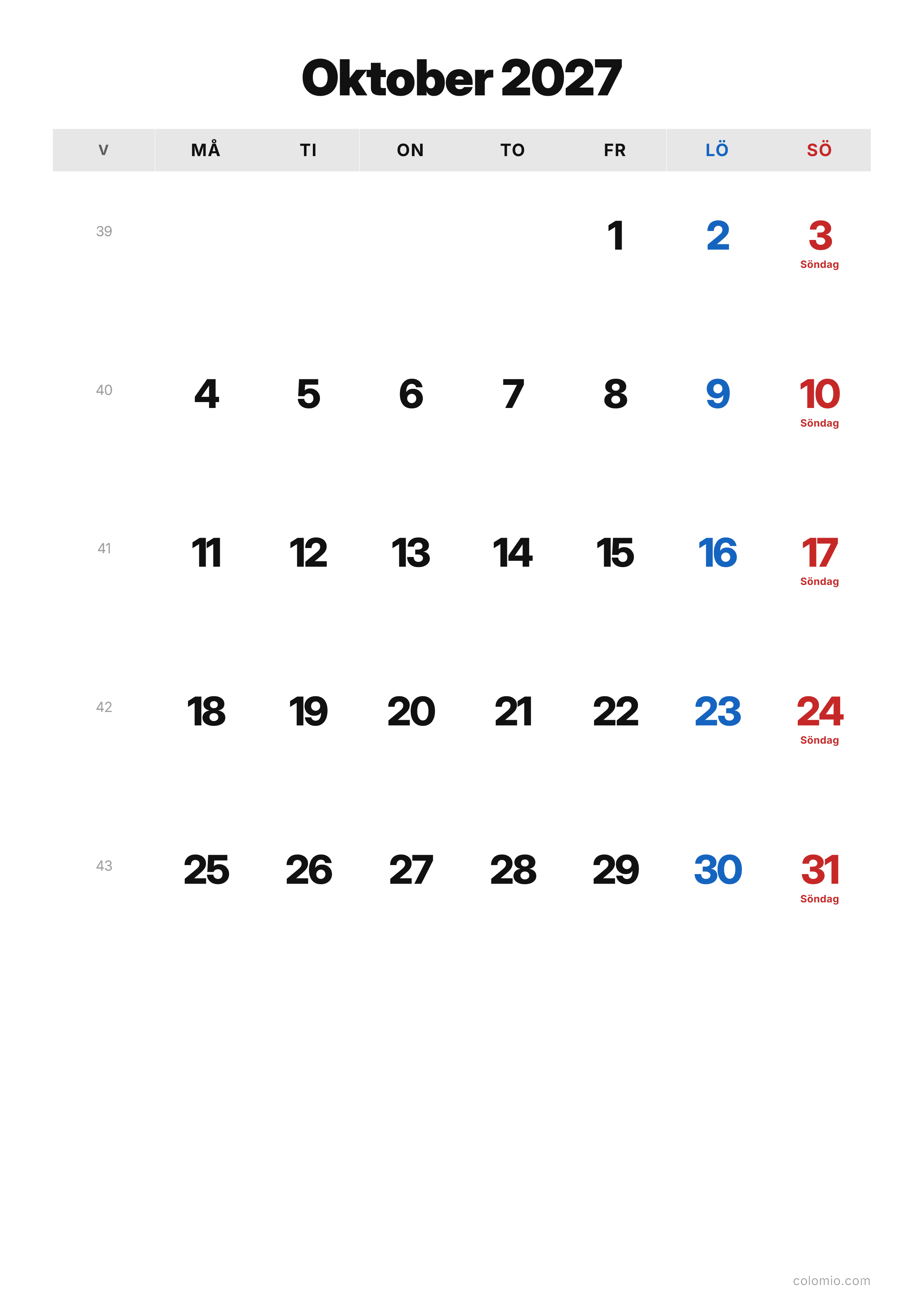 Kalender Oktober 2027 klassisk · stående, PDF att skriva ut