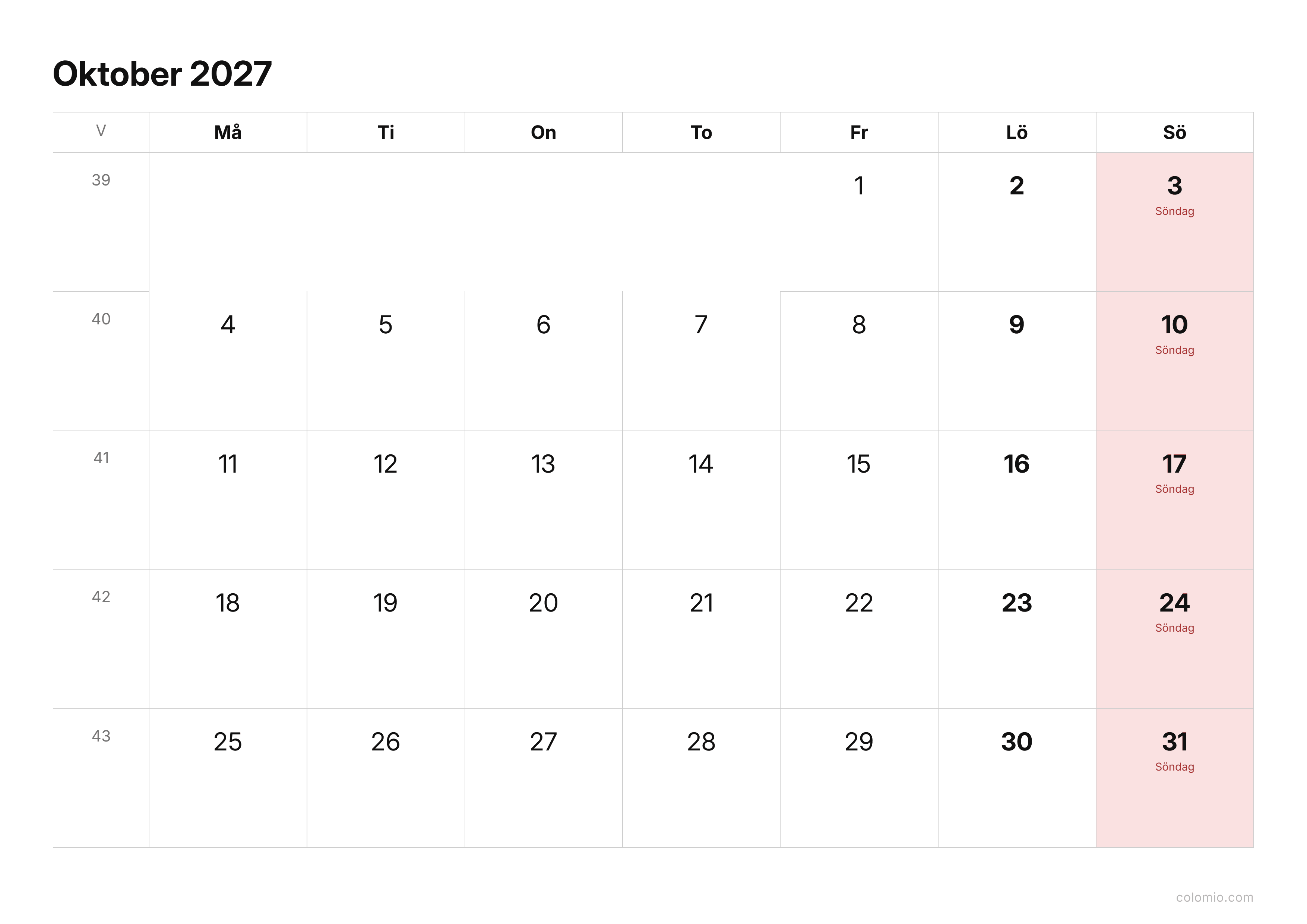 Kalender Oktober 2027 enkel · liggande, PDF att skriva ut