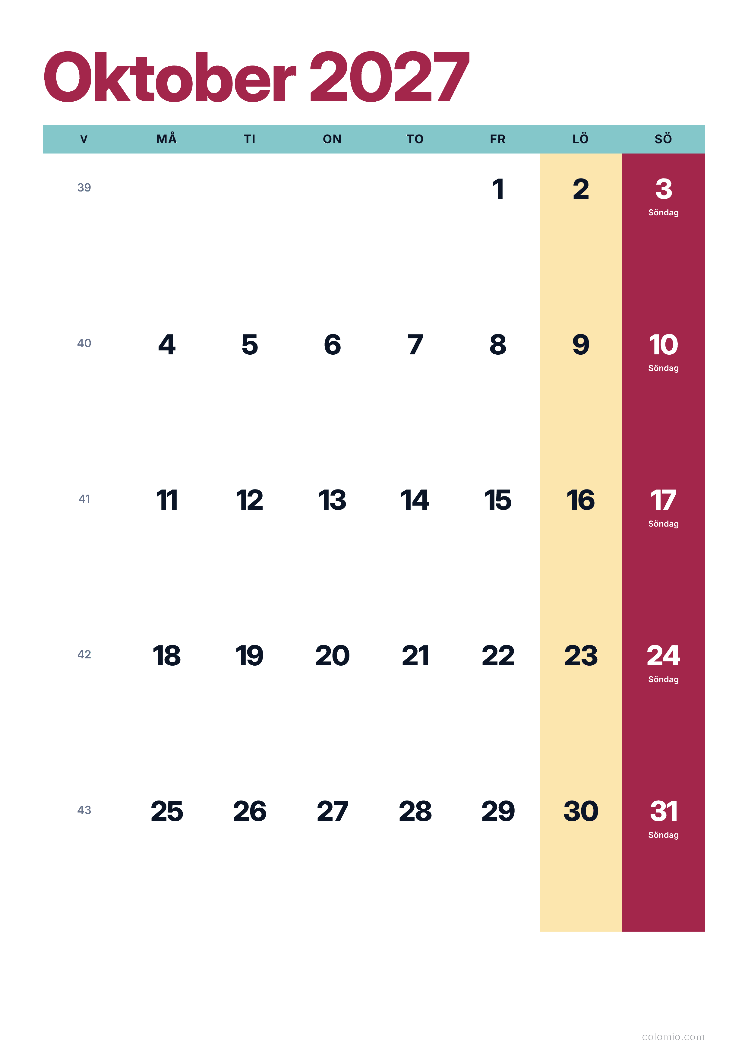 Kalender Oktober 2027 färgglad & modern · stående, PDF att skriva ut