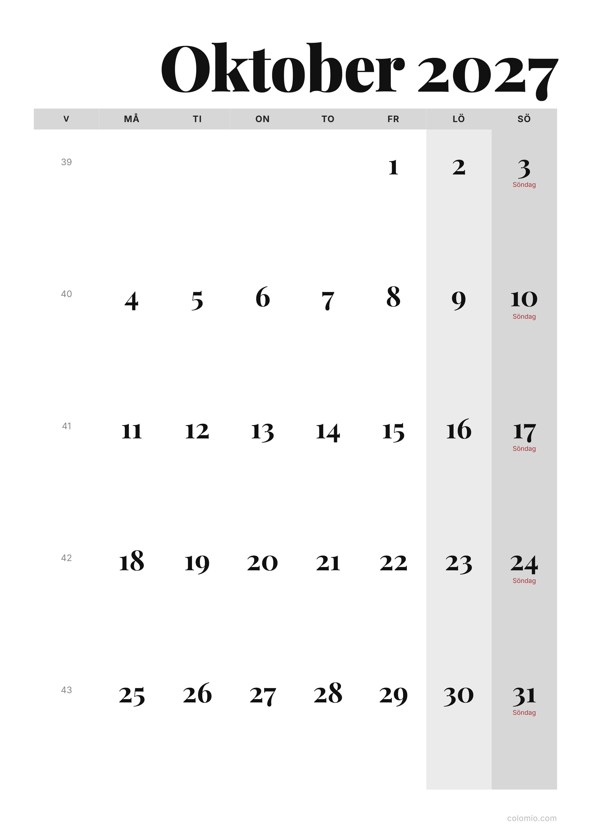 Kalender Oktober 2027 redaktionell · stående, PDF att skriva ut