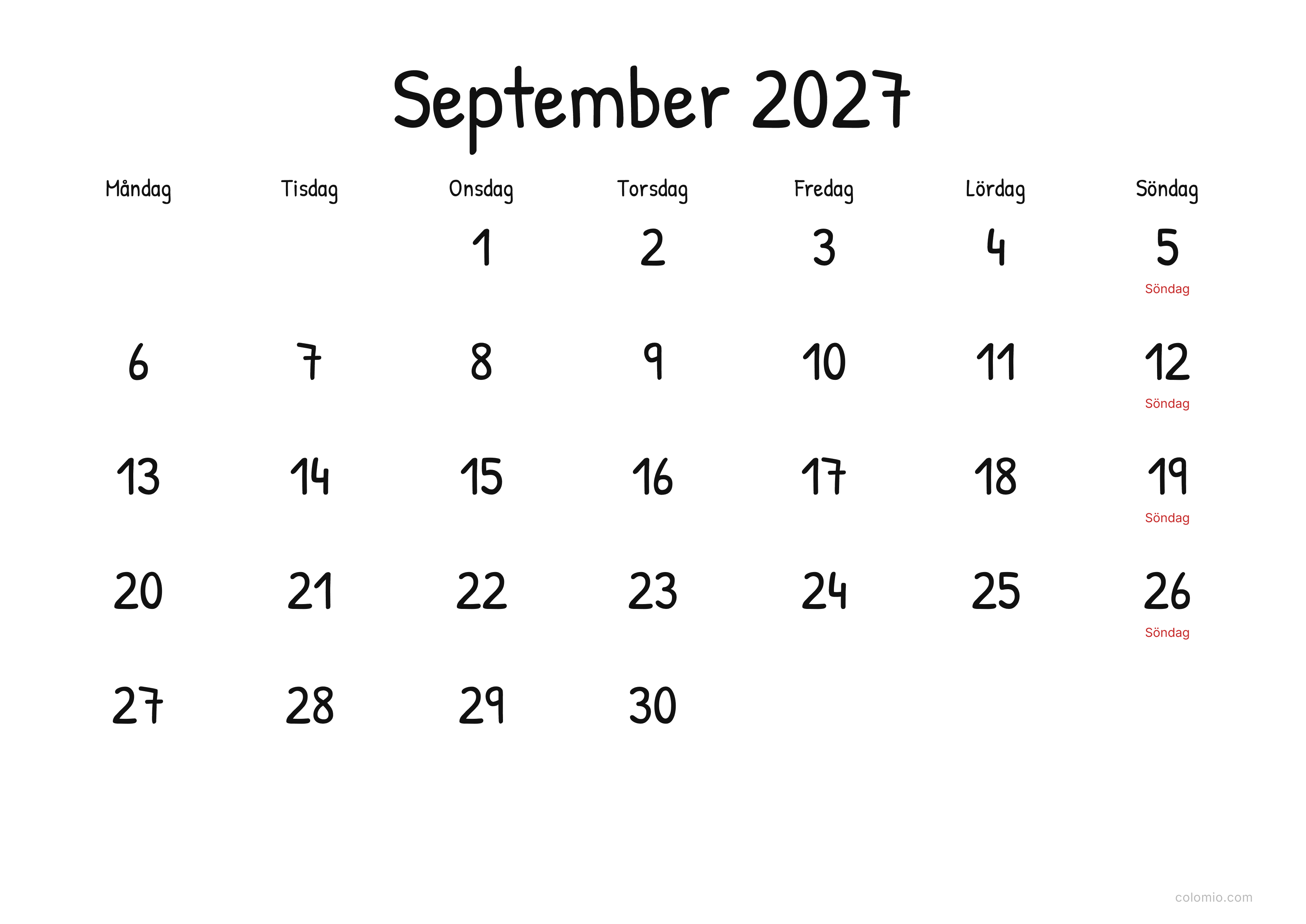 Kalender September 2027 display · liggande, PDF att skriva ut