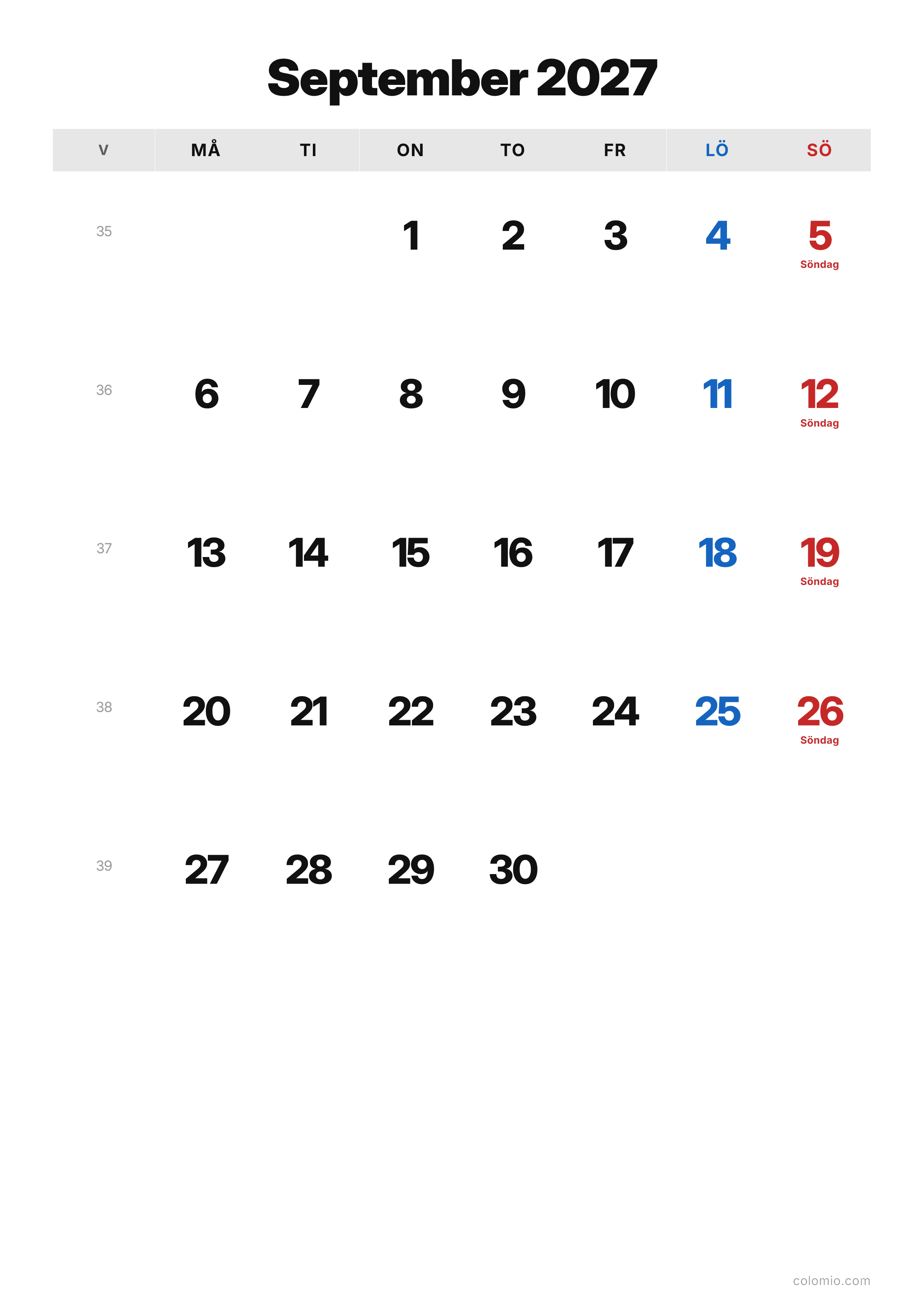 Kalender September 2027 klassisk · stående, PDF att skriva ut