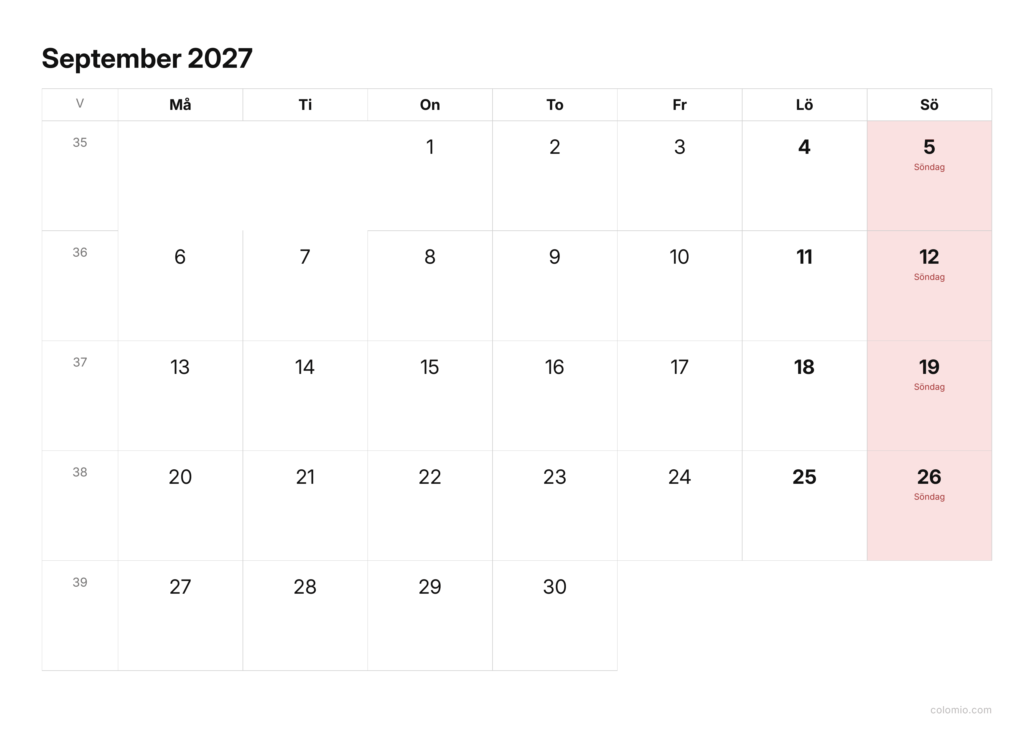 Kalender September 2027 enkel · liggande, PDF att skriva ut