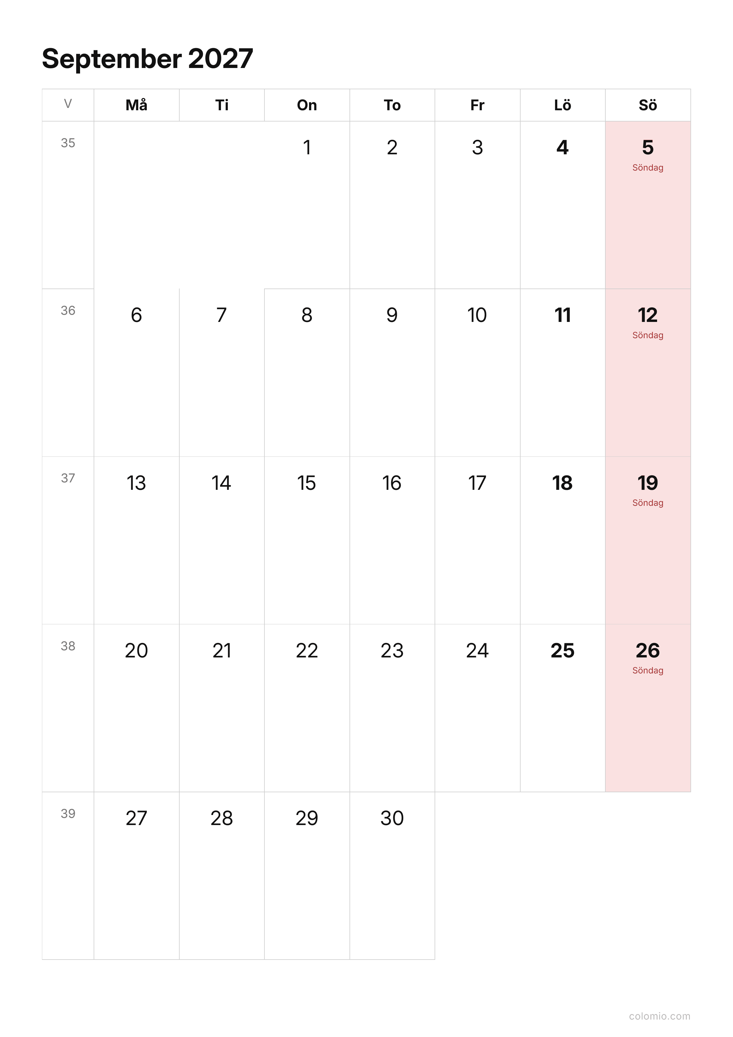 Kalender September 2027 enkel · stående, PDF att skriva ut