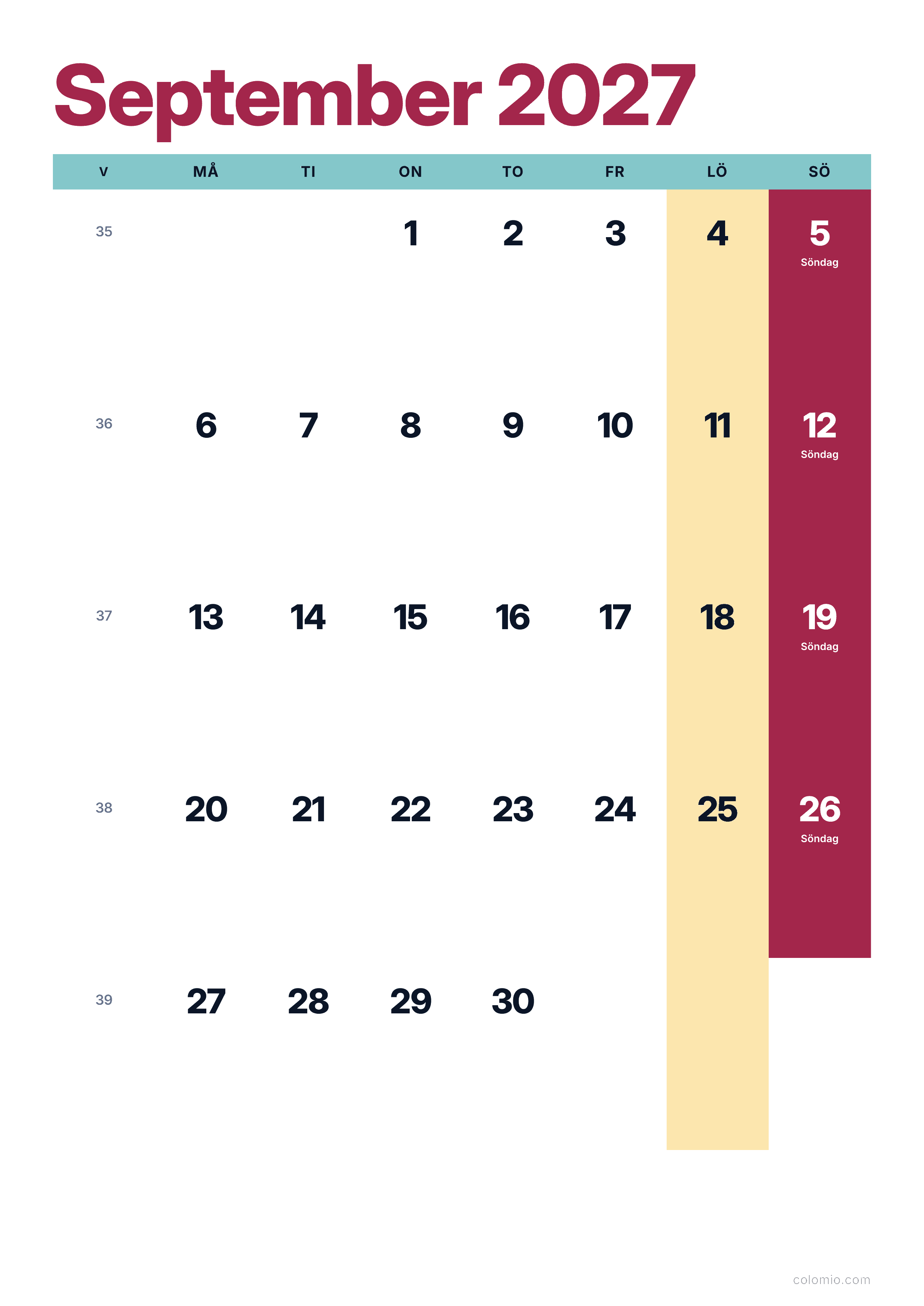 Kalender September 2027 färgglad & modern · stående, PDF att skriva ut