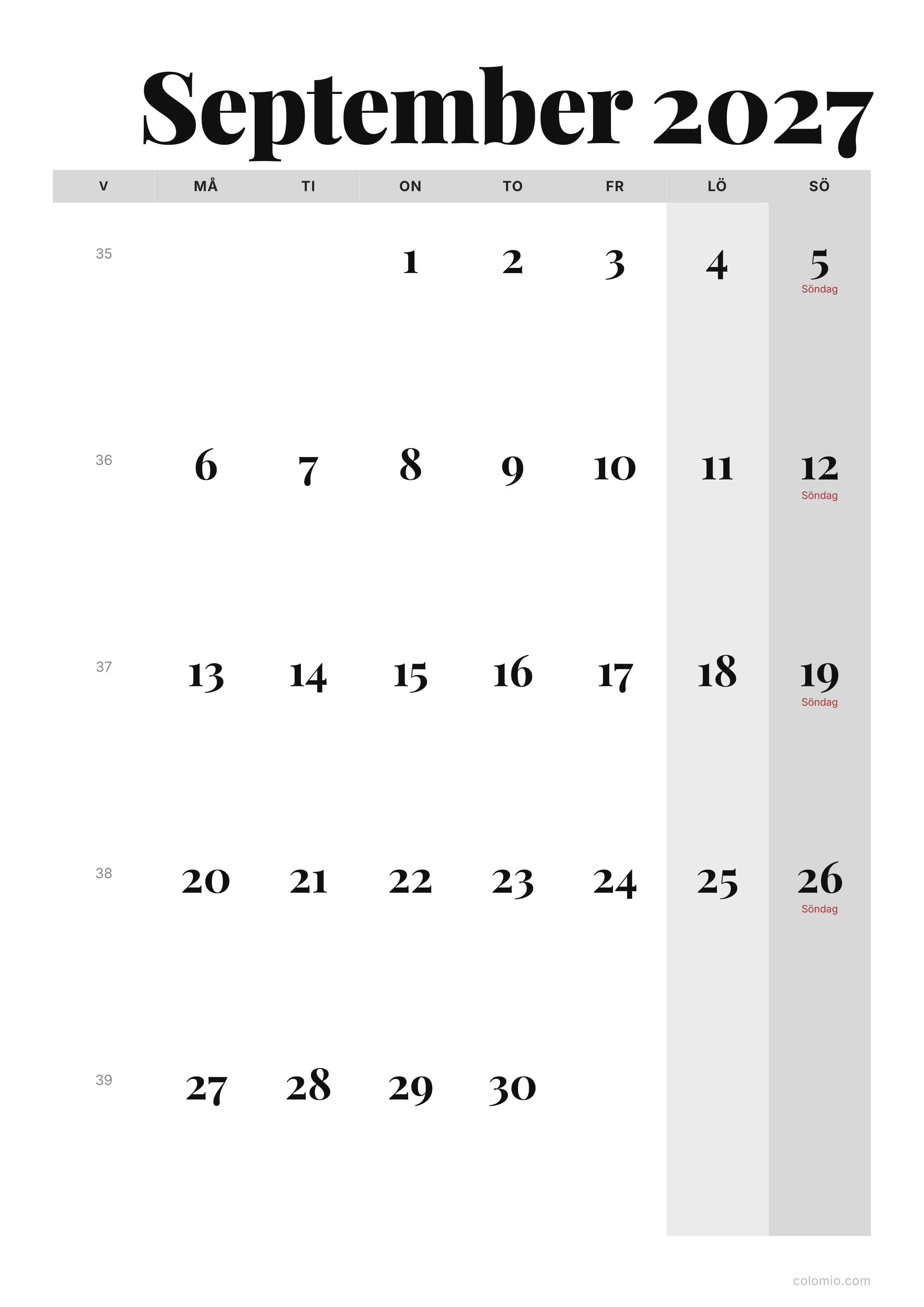 Kalender September 2027 redaktionell · stående, PDF att skriva ut