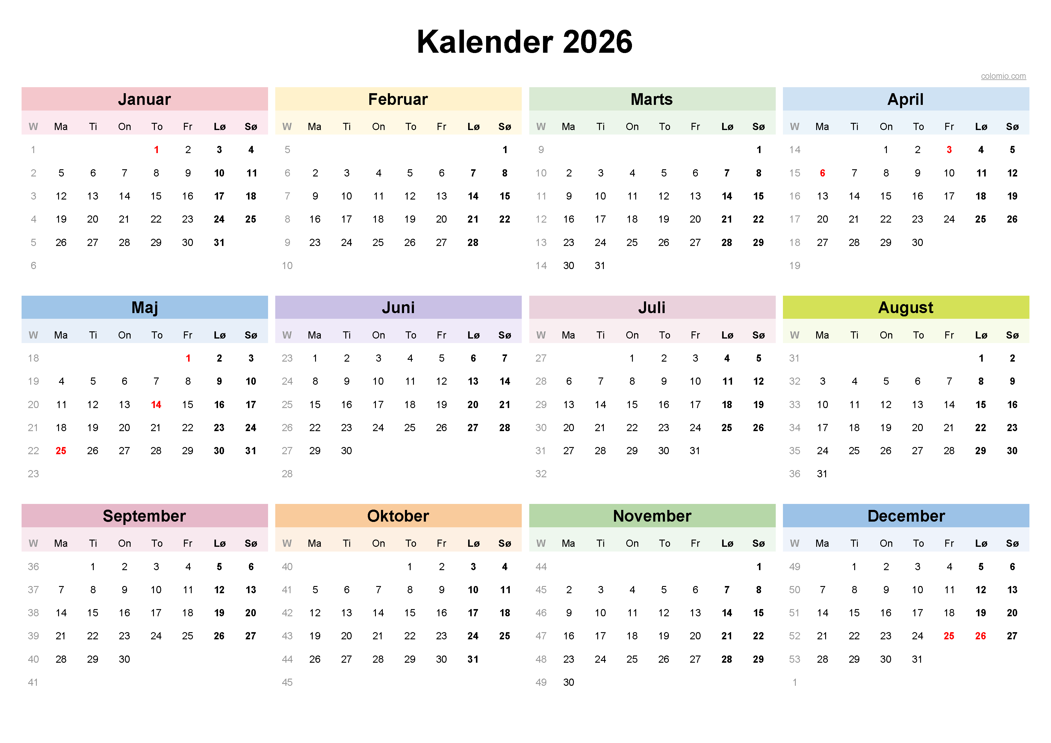 2026 Kalender Til Udskrivning PDF Excel Og Billedfil Gratis 