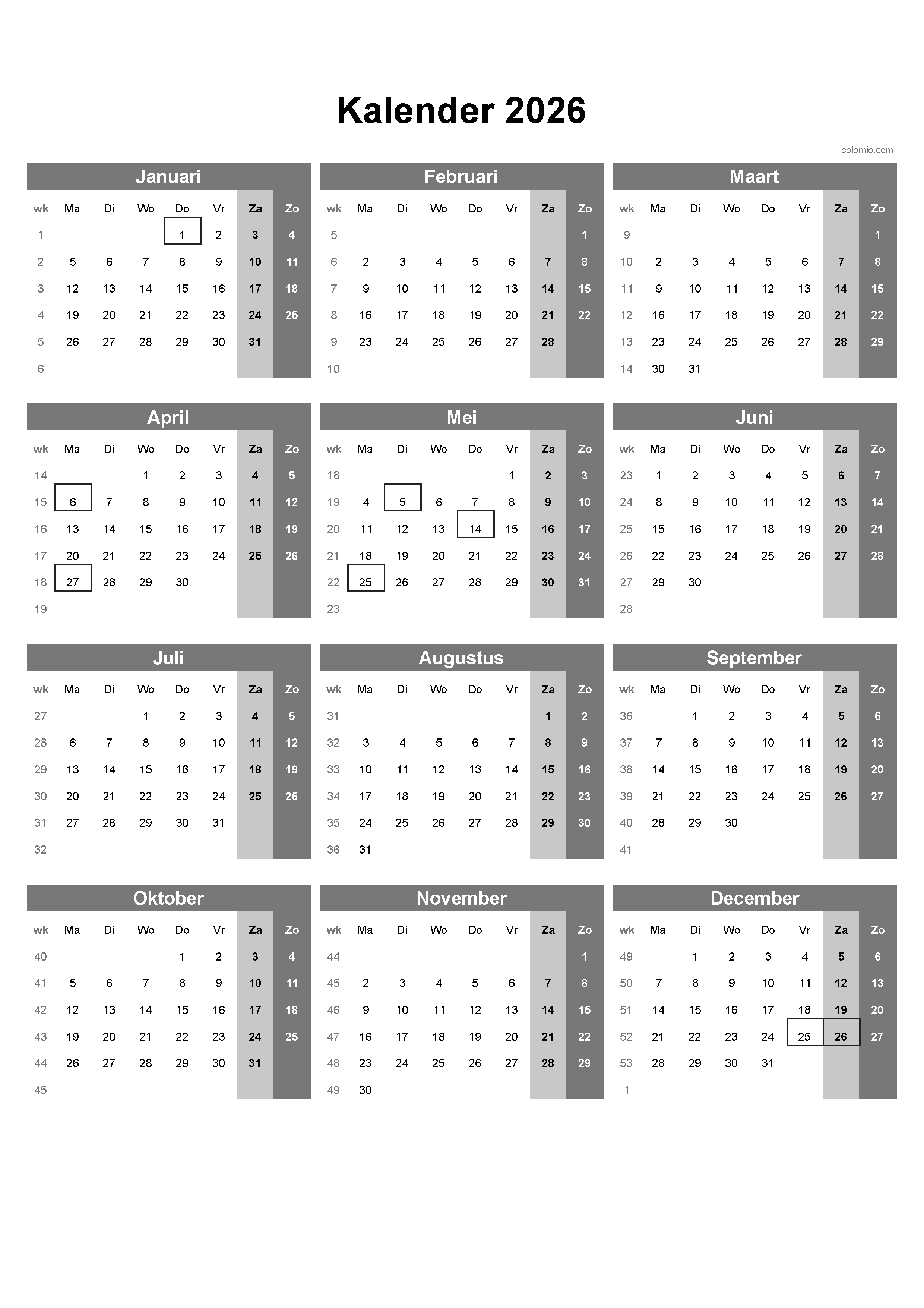 Kalender 2026 Nederland Gratis PDF Excel Download
