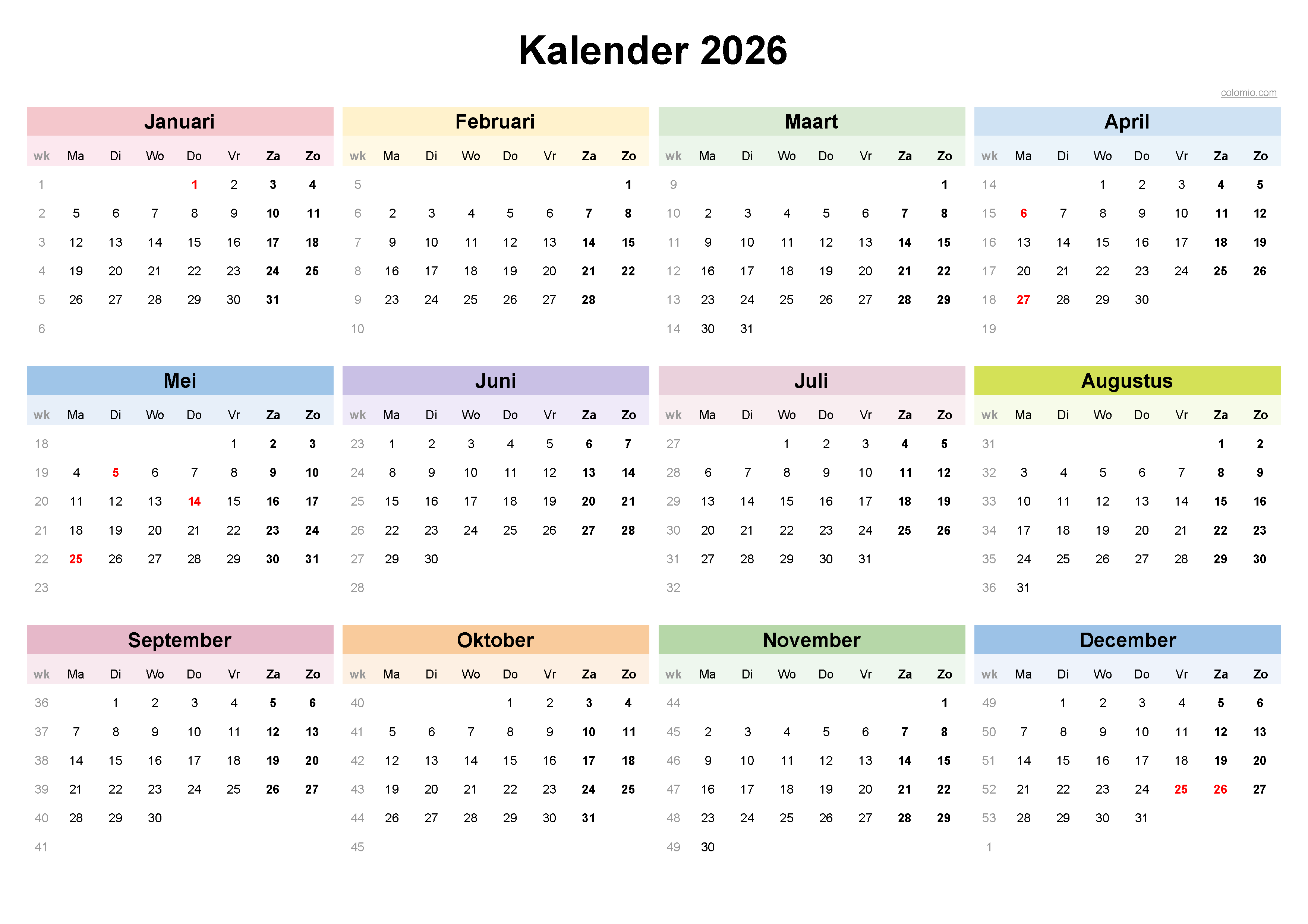 Gratis Kalender 2026 2027 Afdrukken PDF Excel PNG Feestdagen 