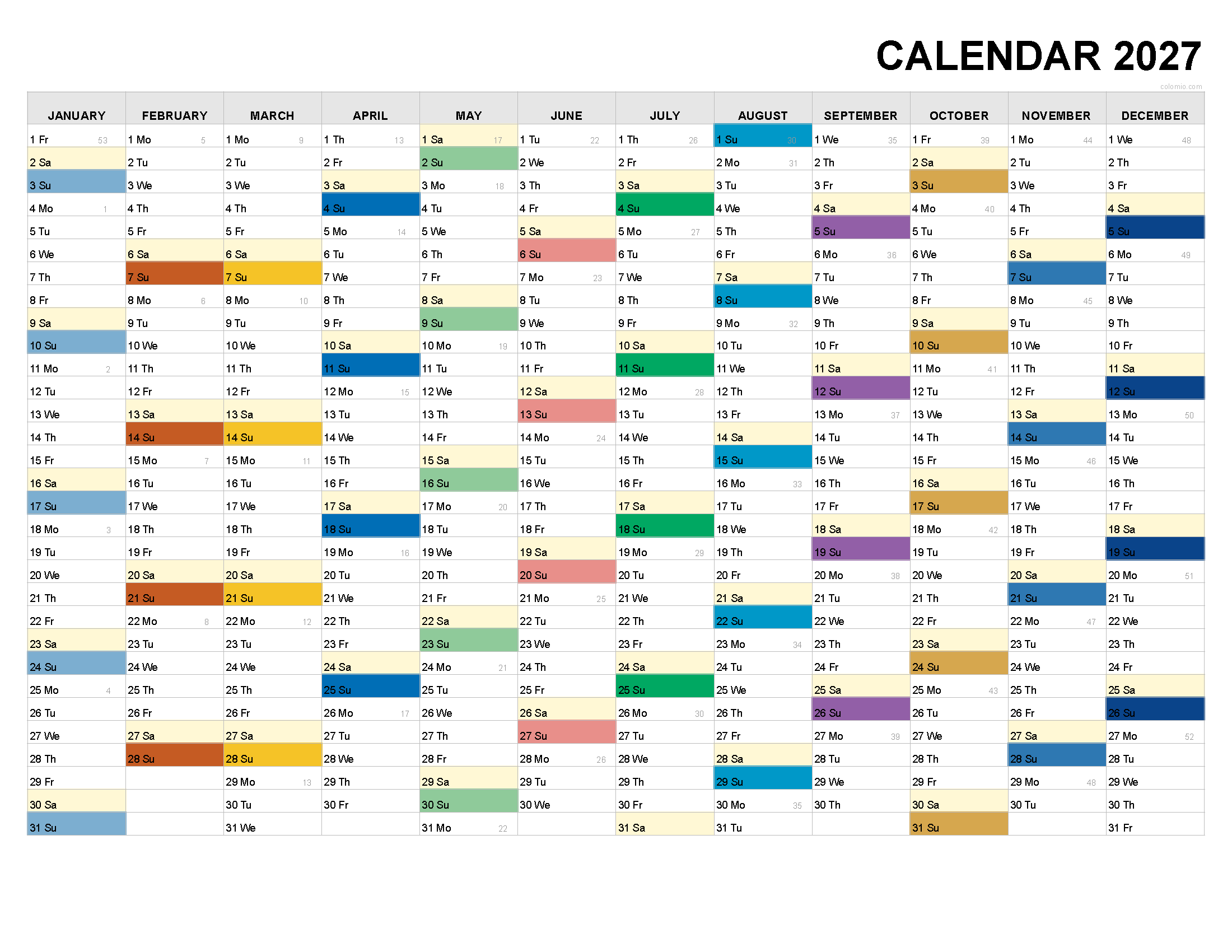 2027 Calendar Printable in Landscape Format and Multicolored, Free PDF, XLS, PNG