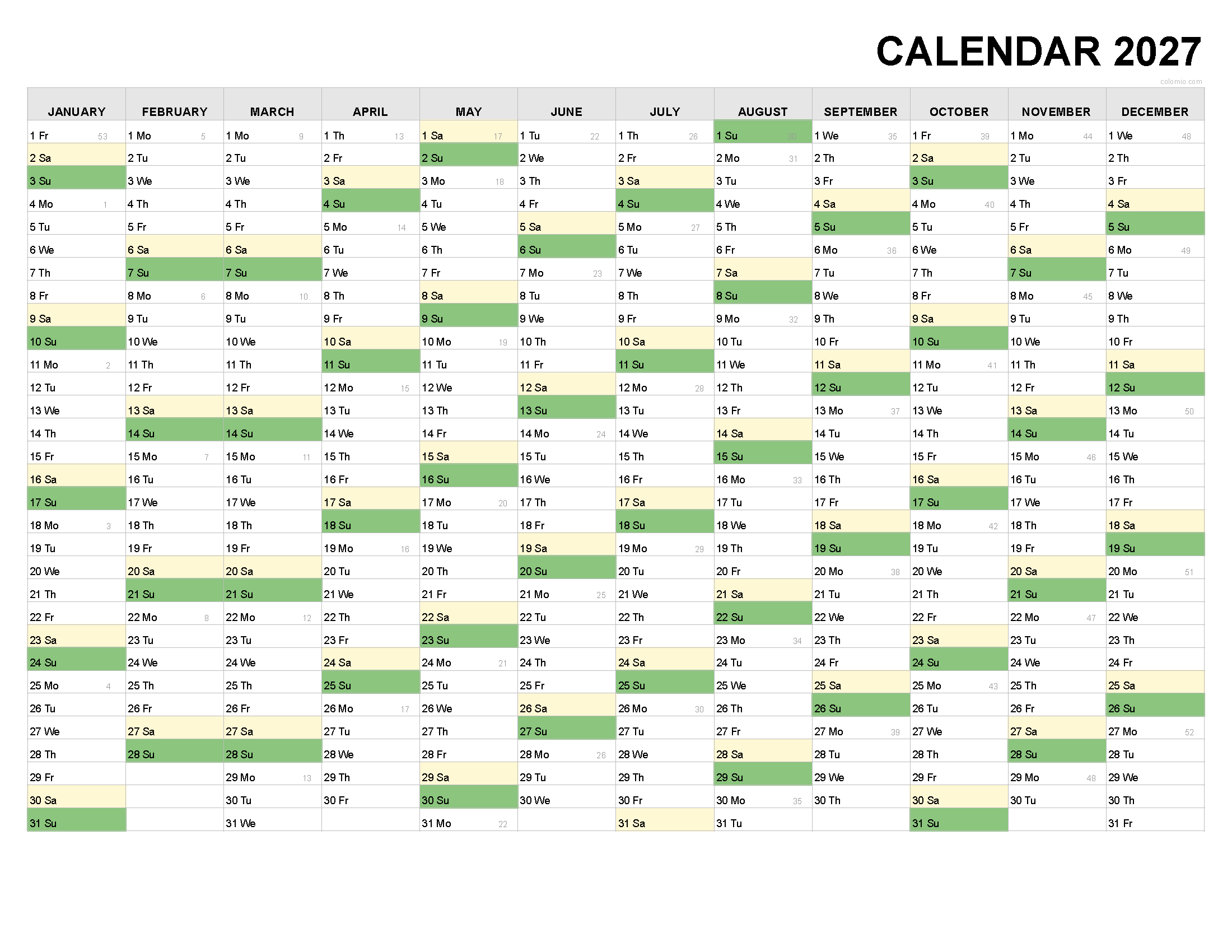 2027 Calendar Free Printable in Landscape Format, PDF XLS and PNG