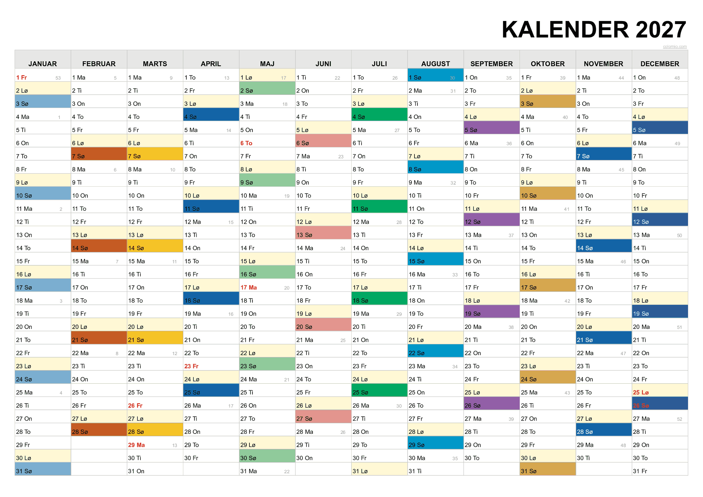 Kalender 2027 liggende PDF