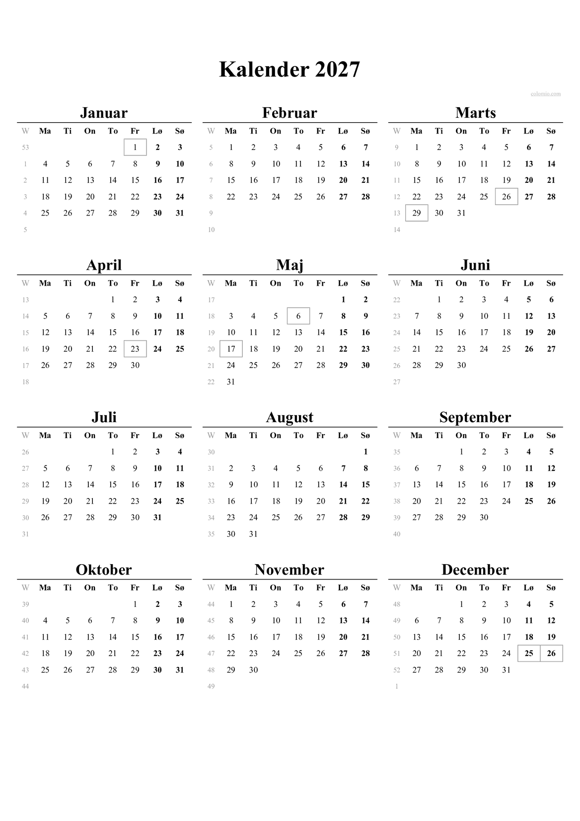 Kalender 2027 – Stående PDF