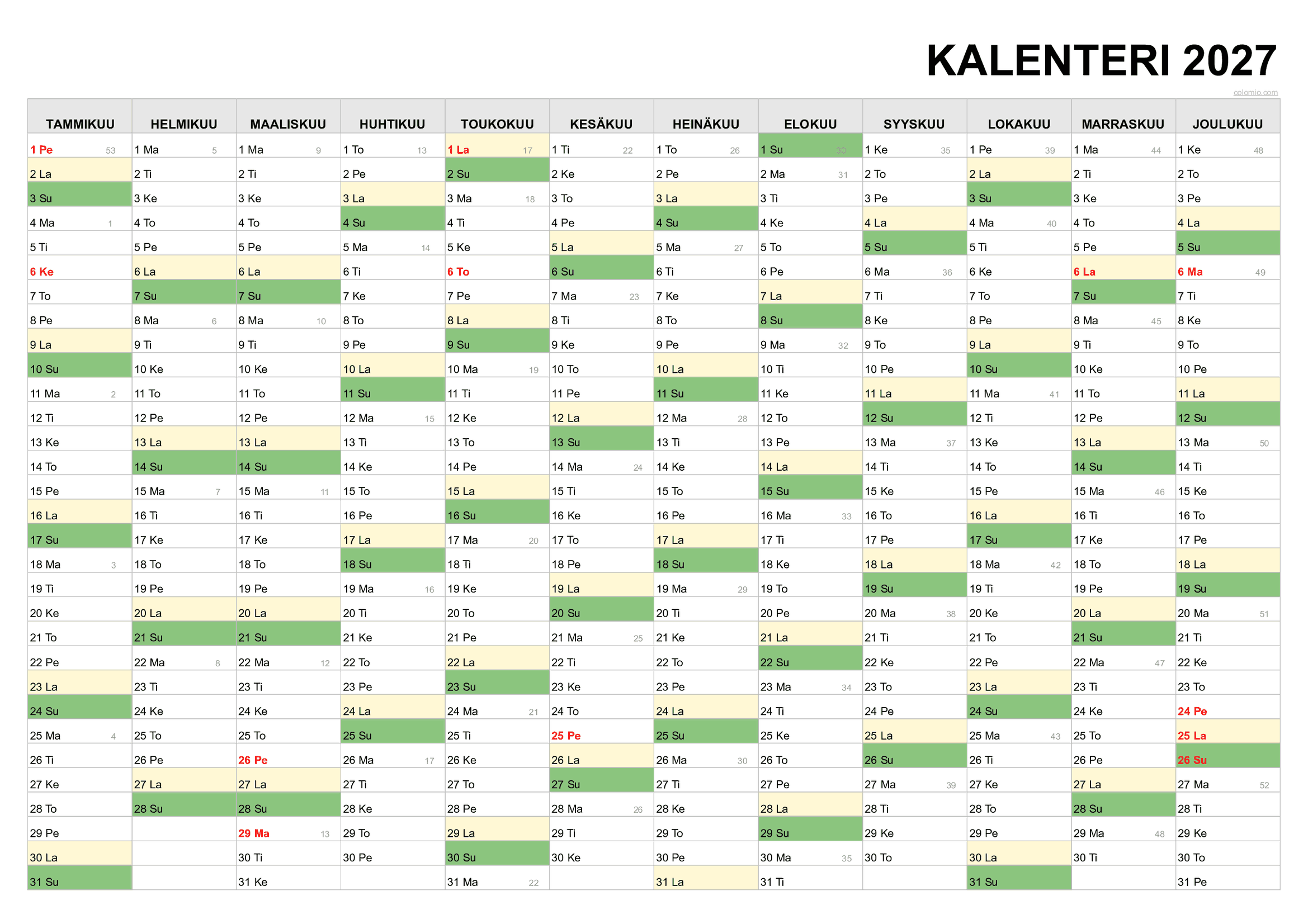 Ilmainen Kalenteri 2026 2027 Tulostettava PDF Excel PNG Suomen 