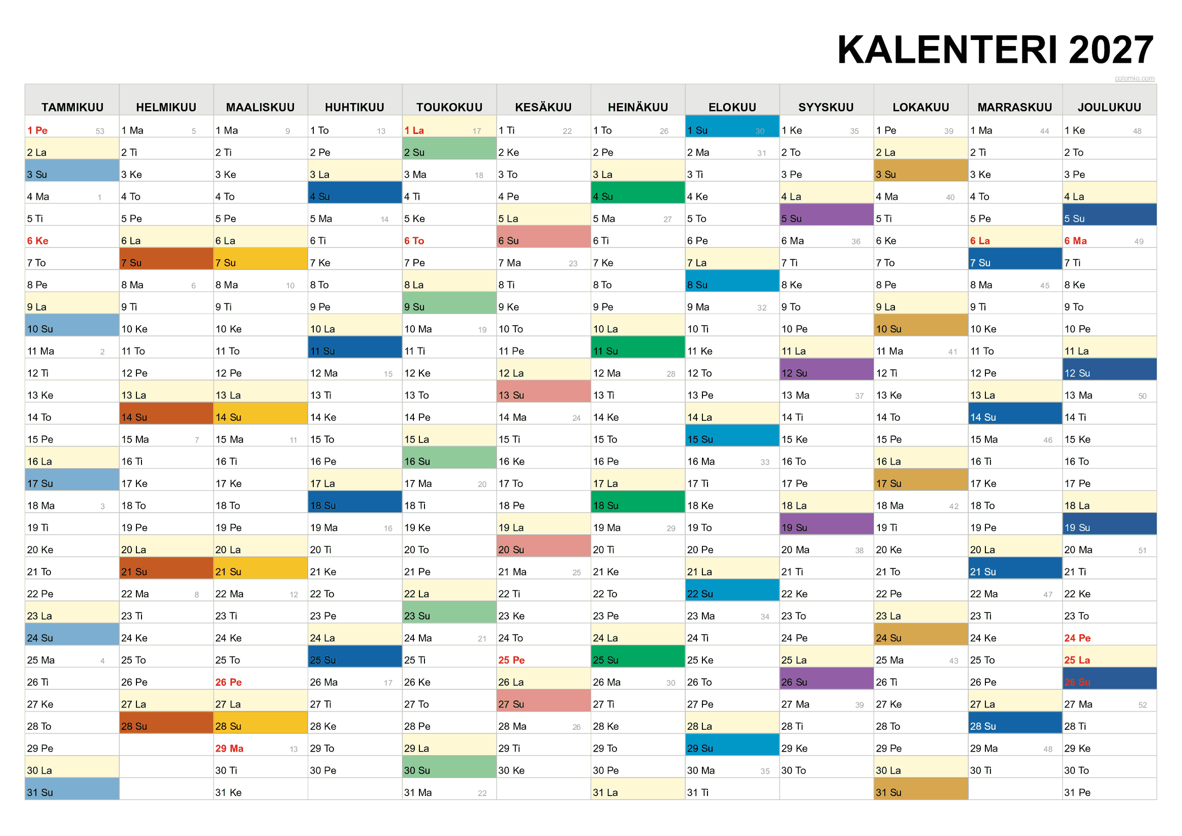Vuosikalenteri 2027 Suomi Ilmainen PDF Excel