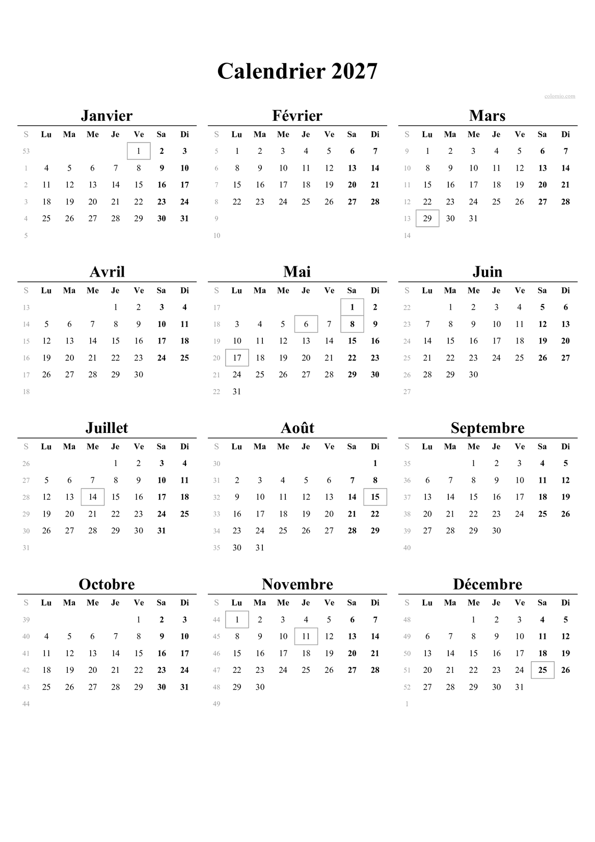 Calendrier 2027 – Portrait PDF