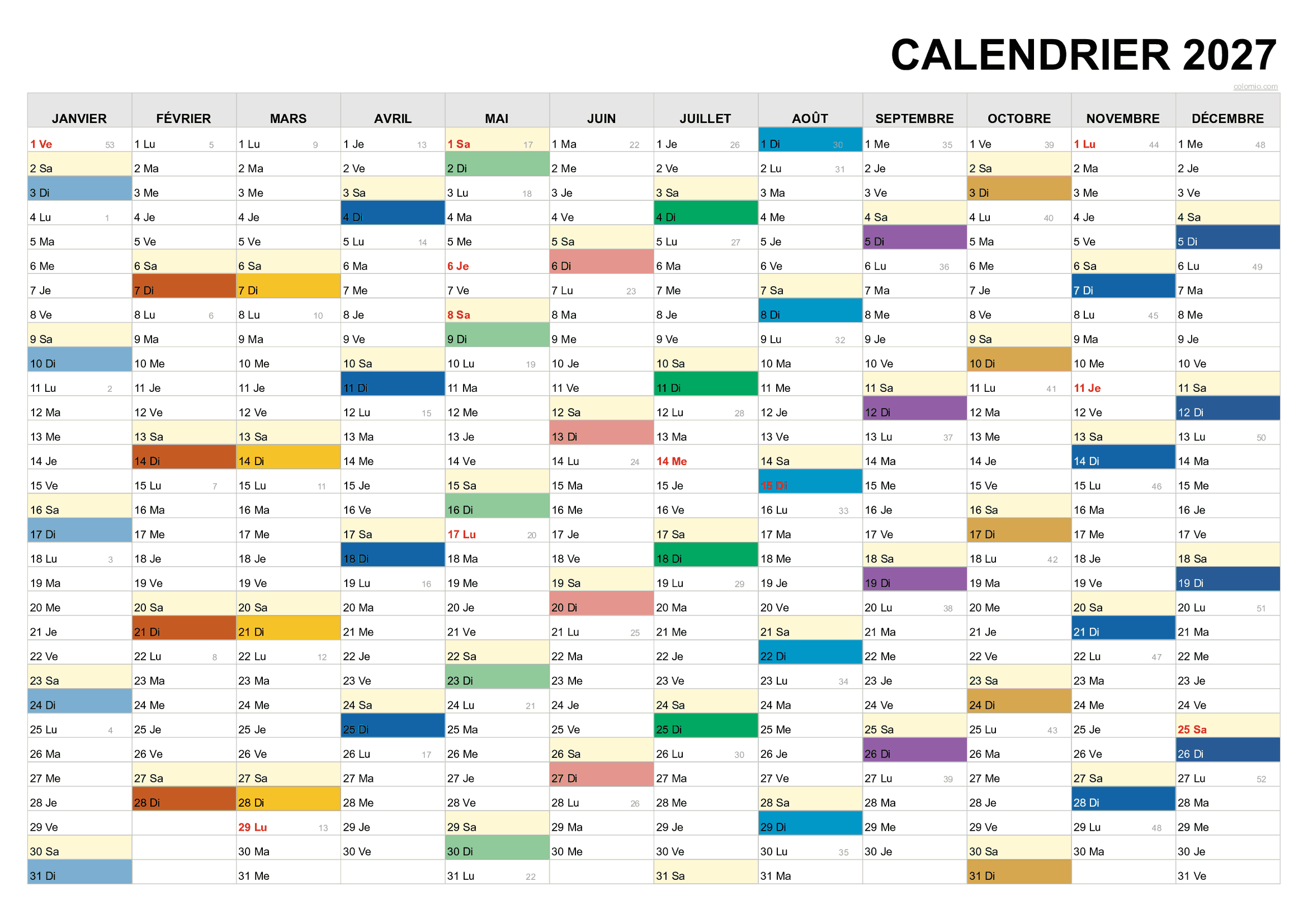 Calendrier 2027 paysage PDF