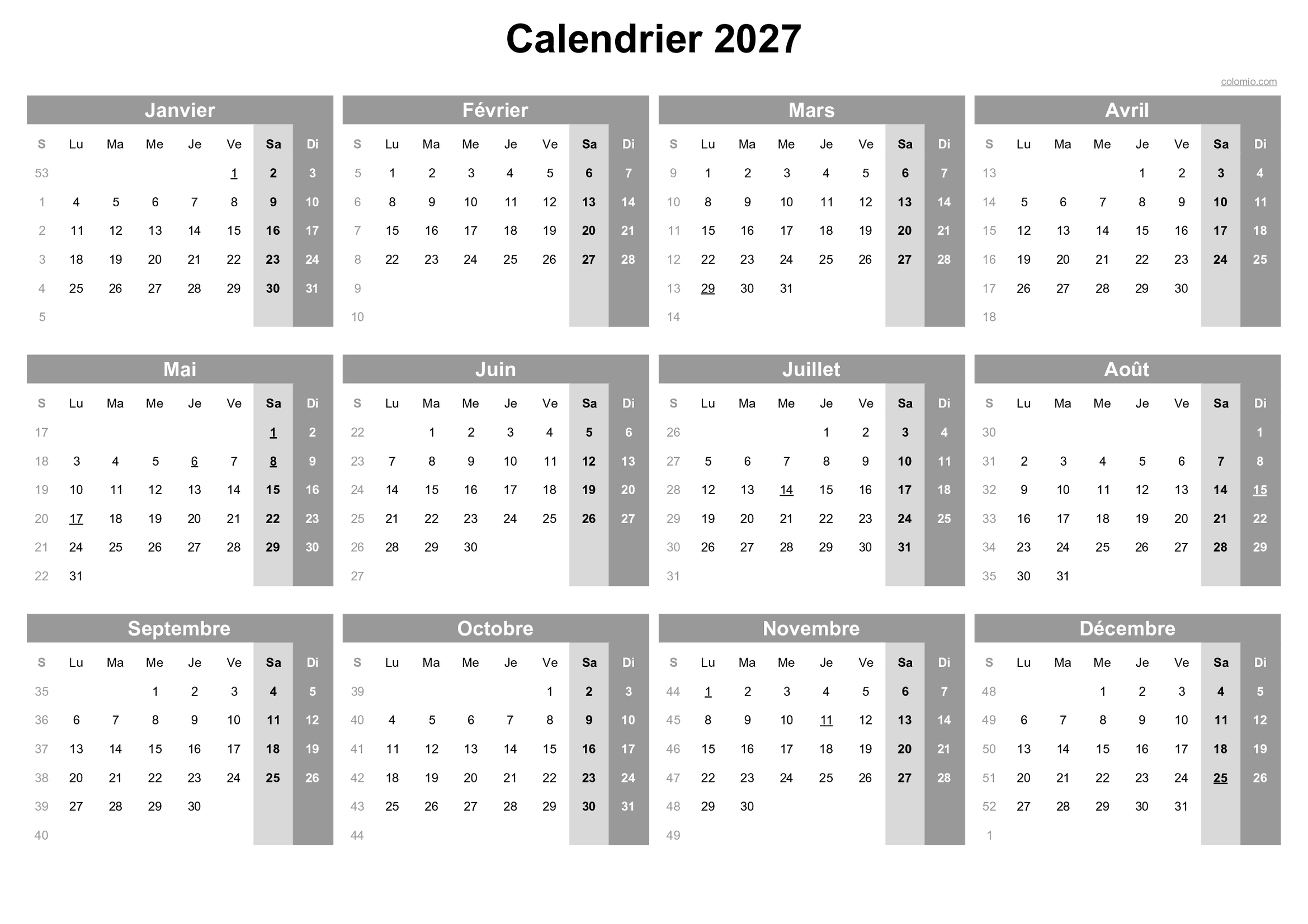Calendrier 2027 PDF