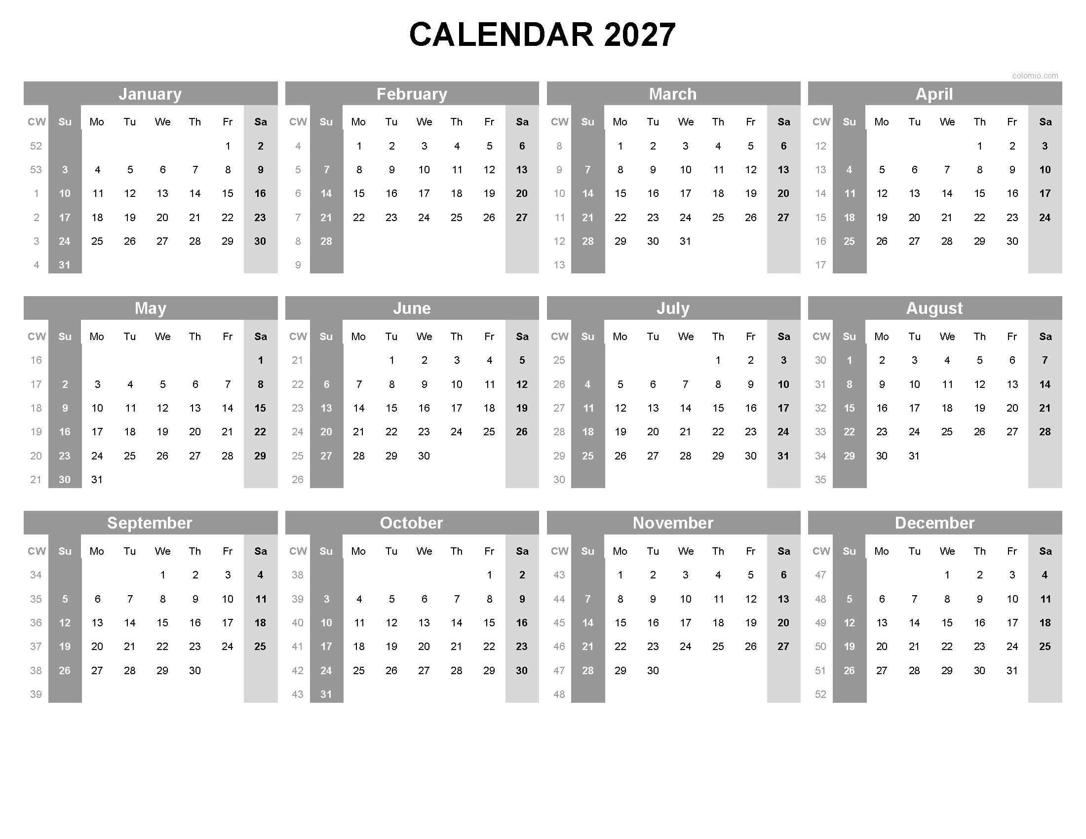 Free Printable Calendar 2027 - horizontal