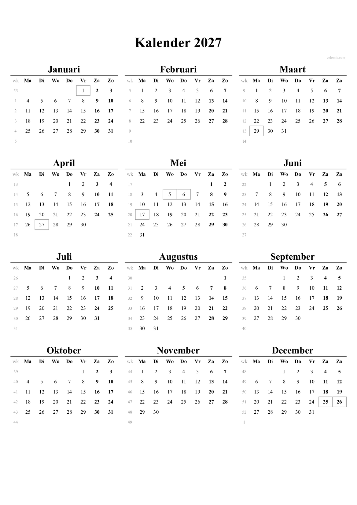 Jaarkalender 2027 Nederland Gratis PDF Excel