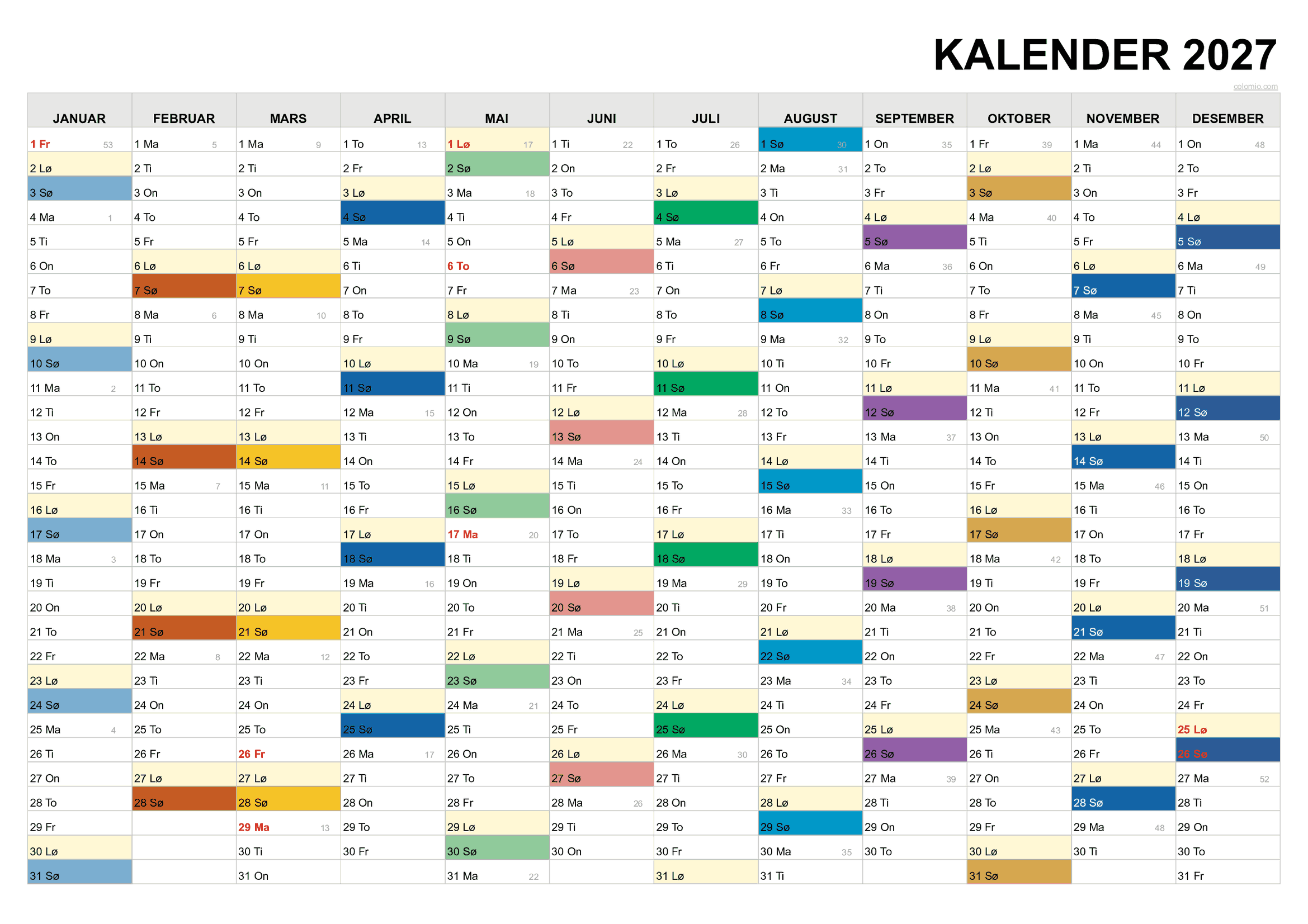 Kalender 2027 liggende PDF