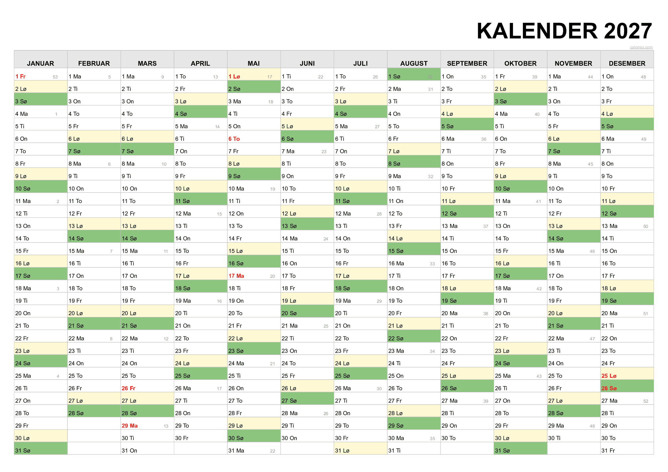 Kalender 2027 klassisk PDF
