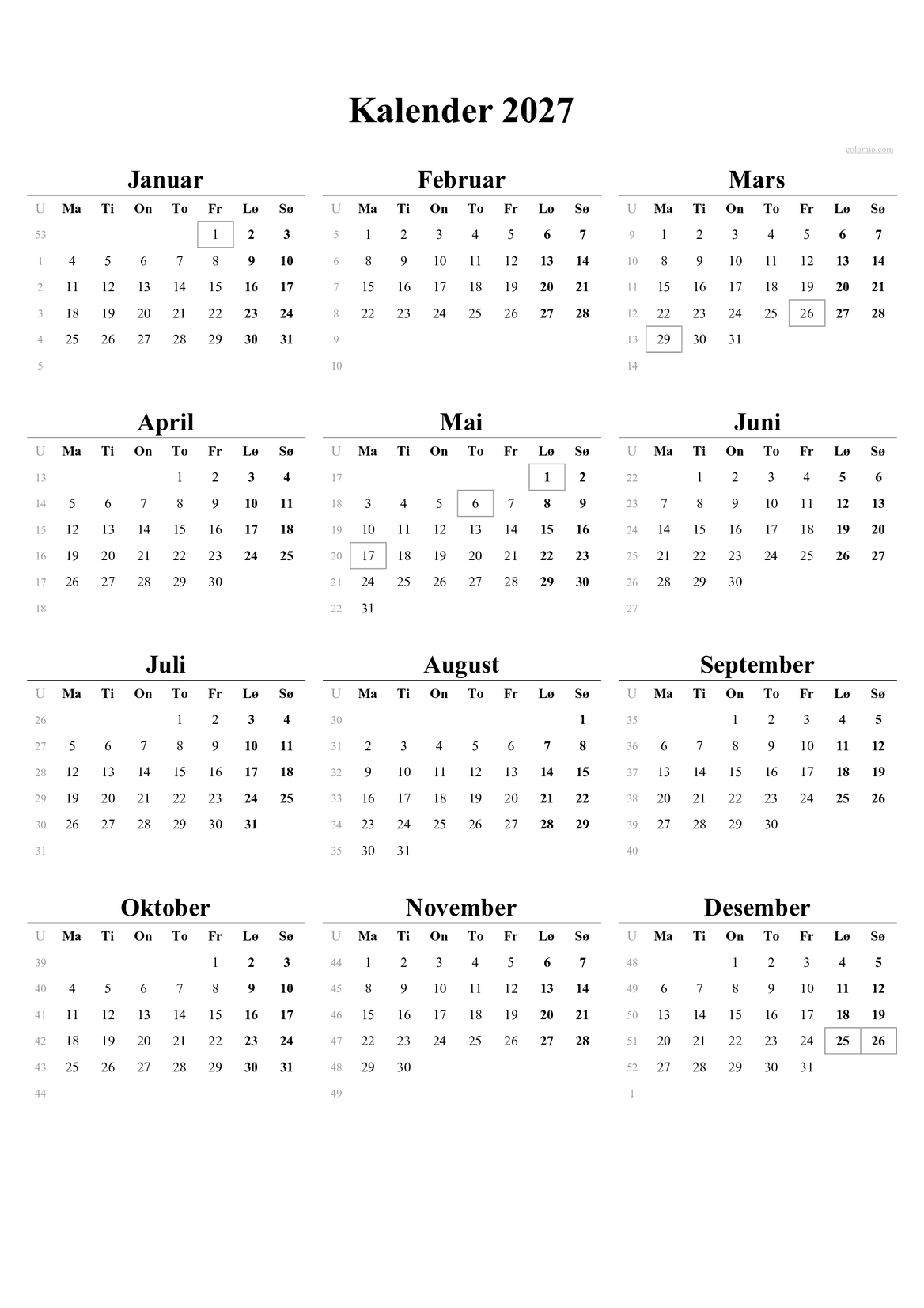 Kalender 2027 – Stående PDF