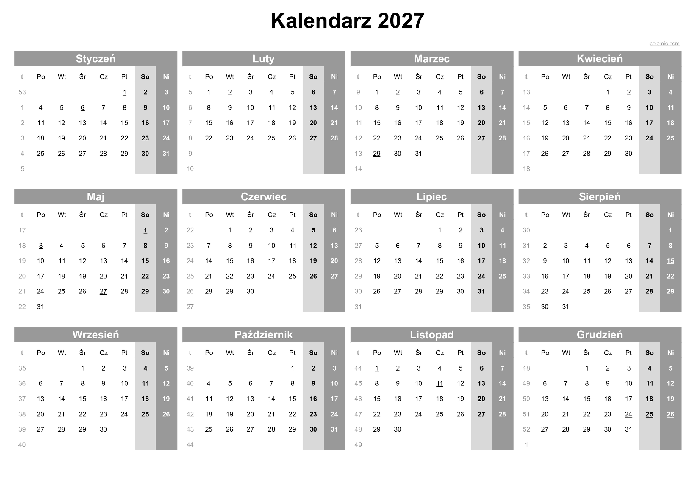 Kalendarz 2027 Polska Do Druku Darmowy PDF Ze wi tami
