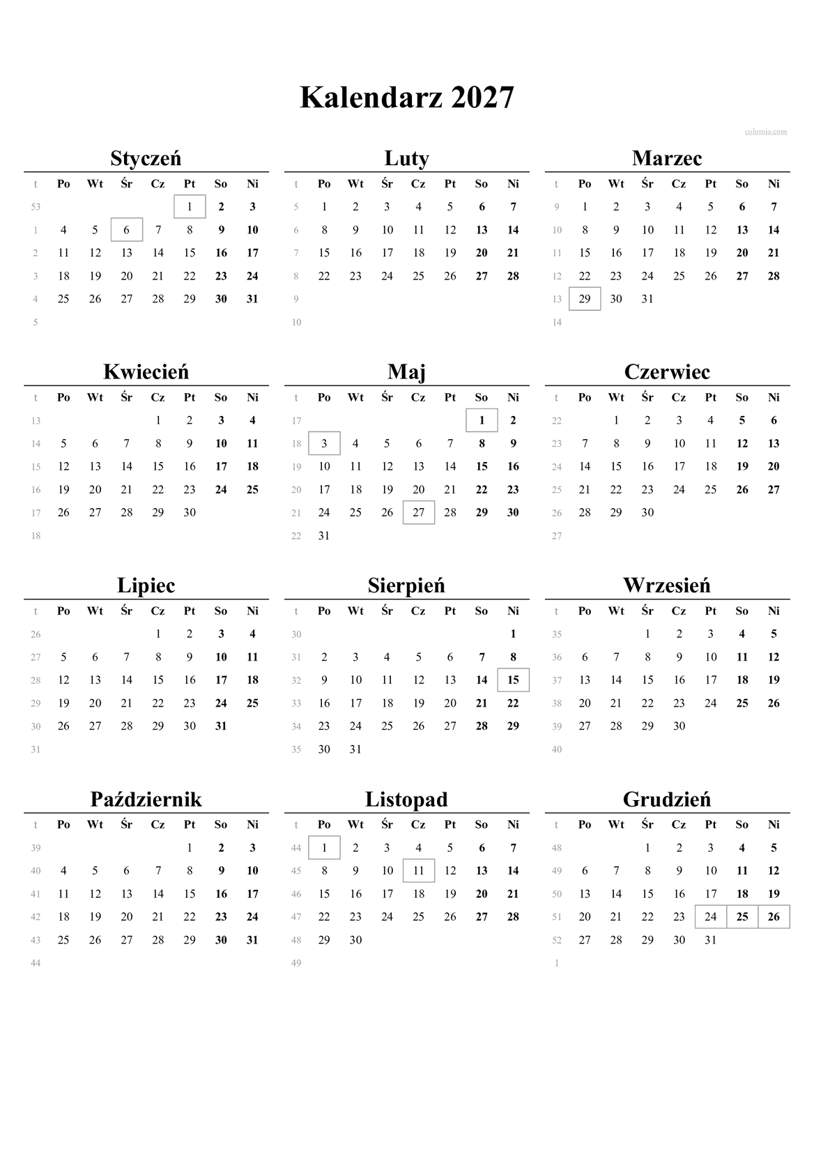 Kalendarz 2027 – Pionowy PDF