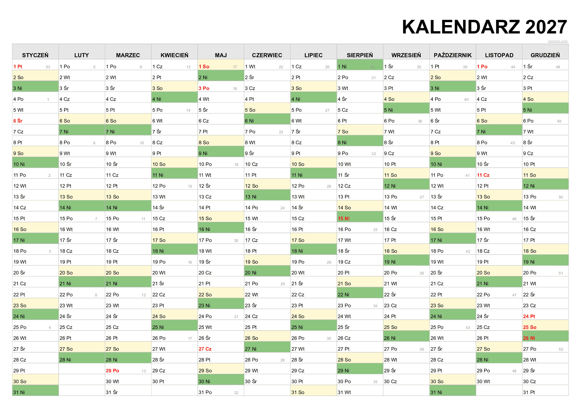 Kalendarz 2027 klasyczny PDF