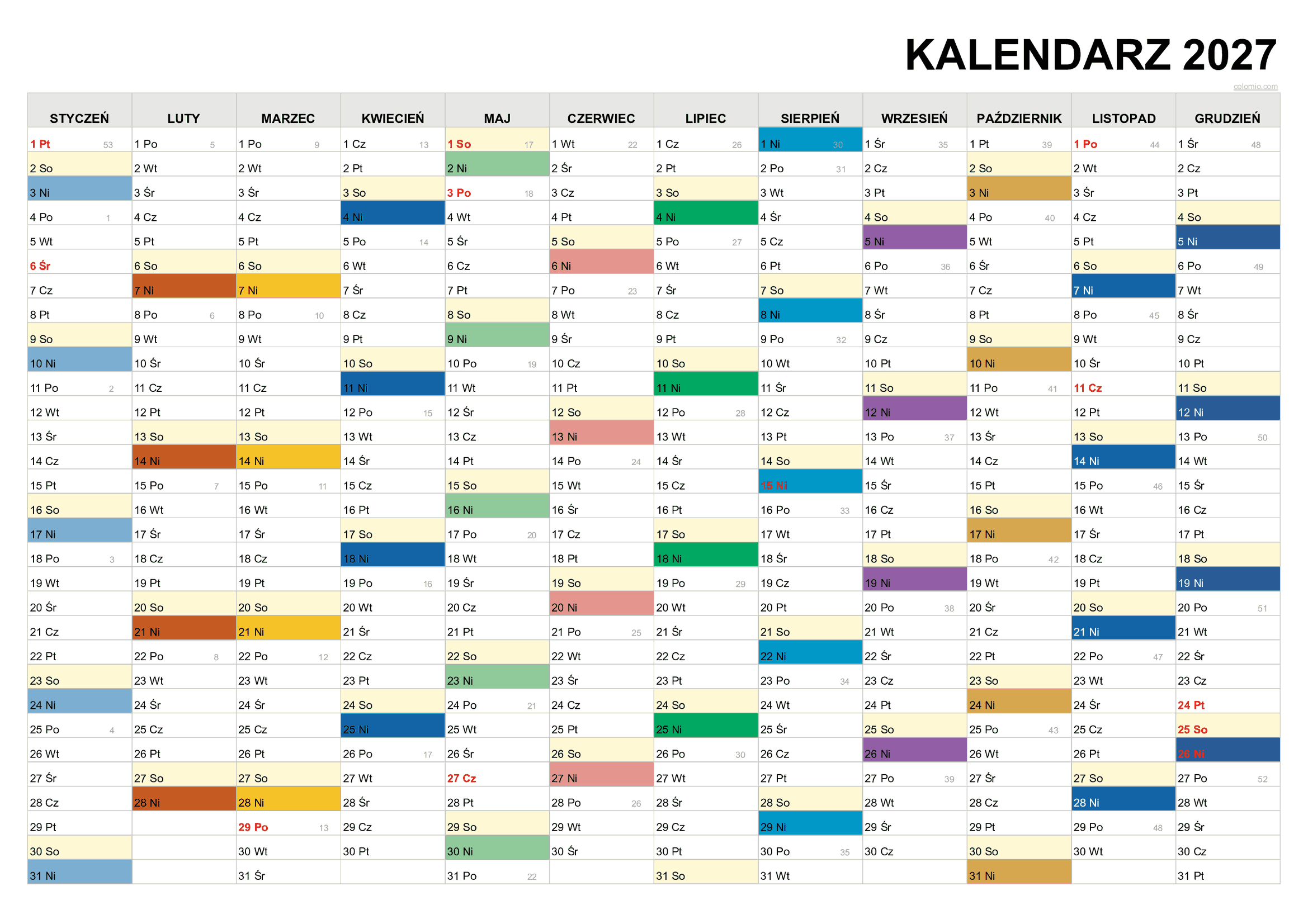 Kalendarz 2027 poziomy PDF