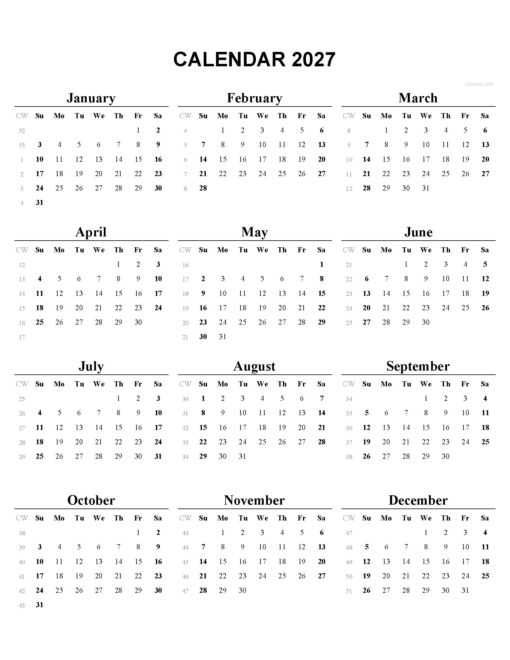 Free Printable Calendar 2027 vertical, black and white, PDF, XLS, PNG