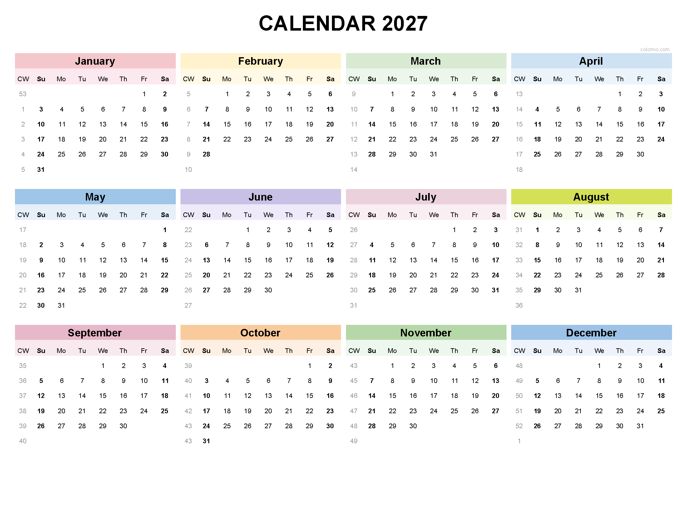 Free Printable Calendar 2027 with Colors as PDF, XLS and PNG