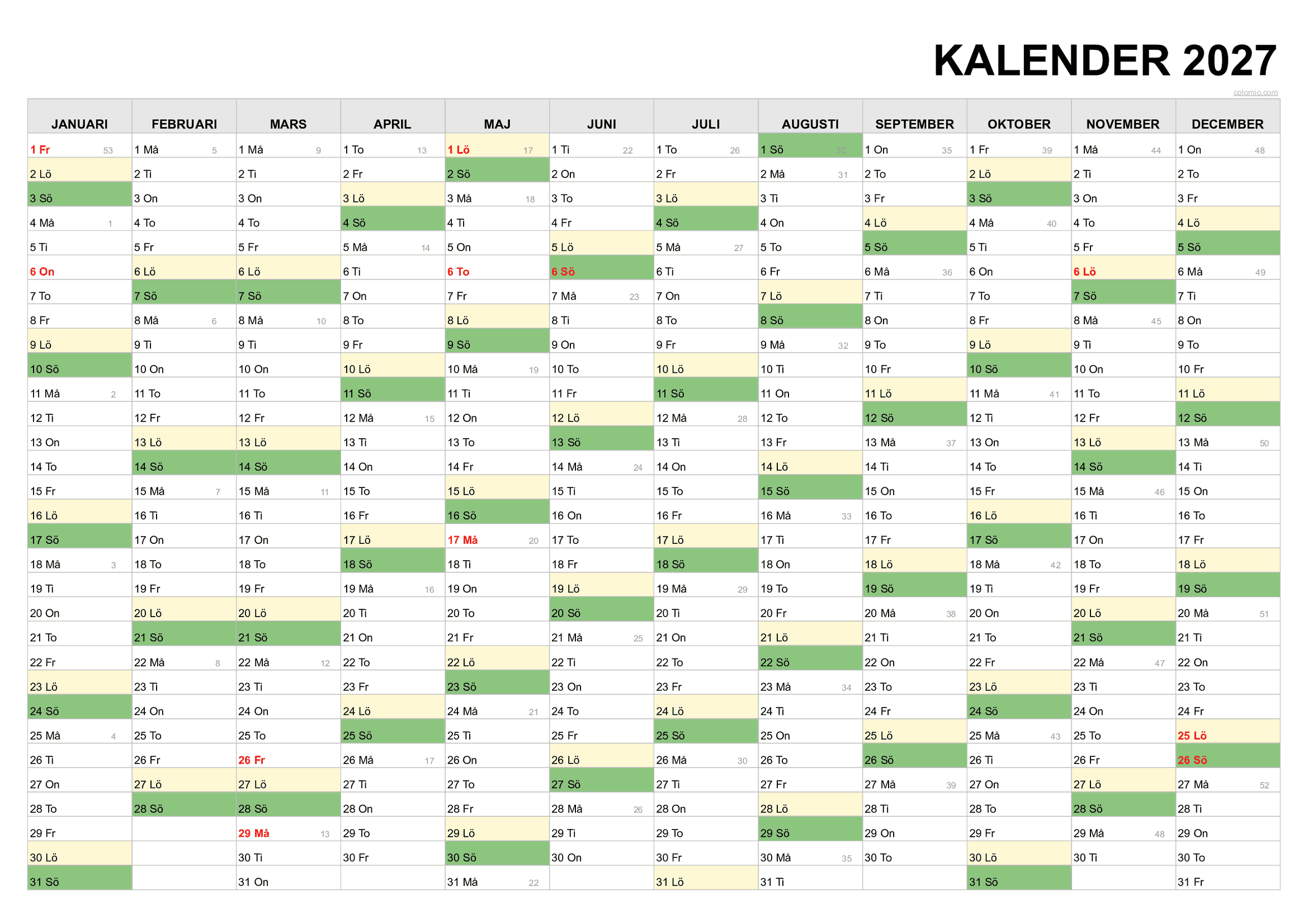 Gratis Kalender 2026 2027 Att Skriva Ut PDF Excel PNG Svenska