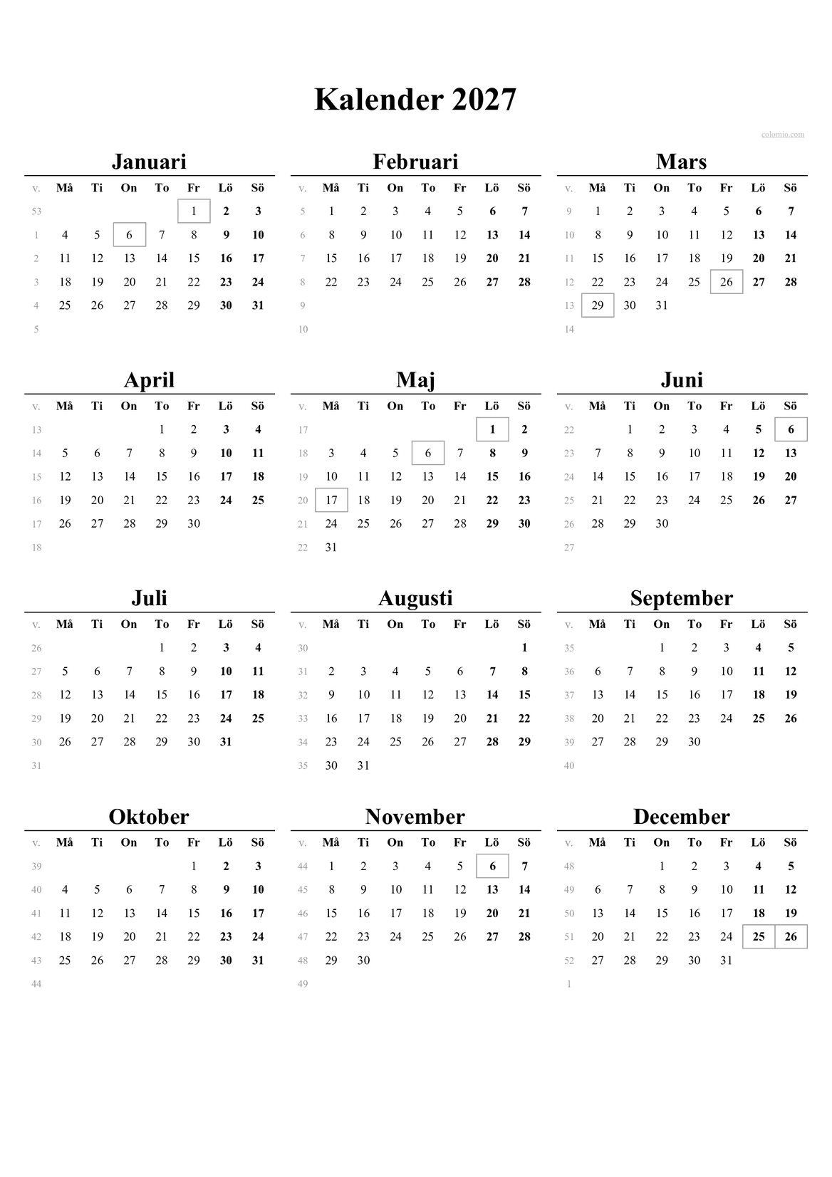 Kalender 2027 – Stående PDF