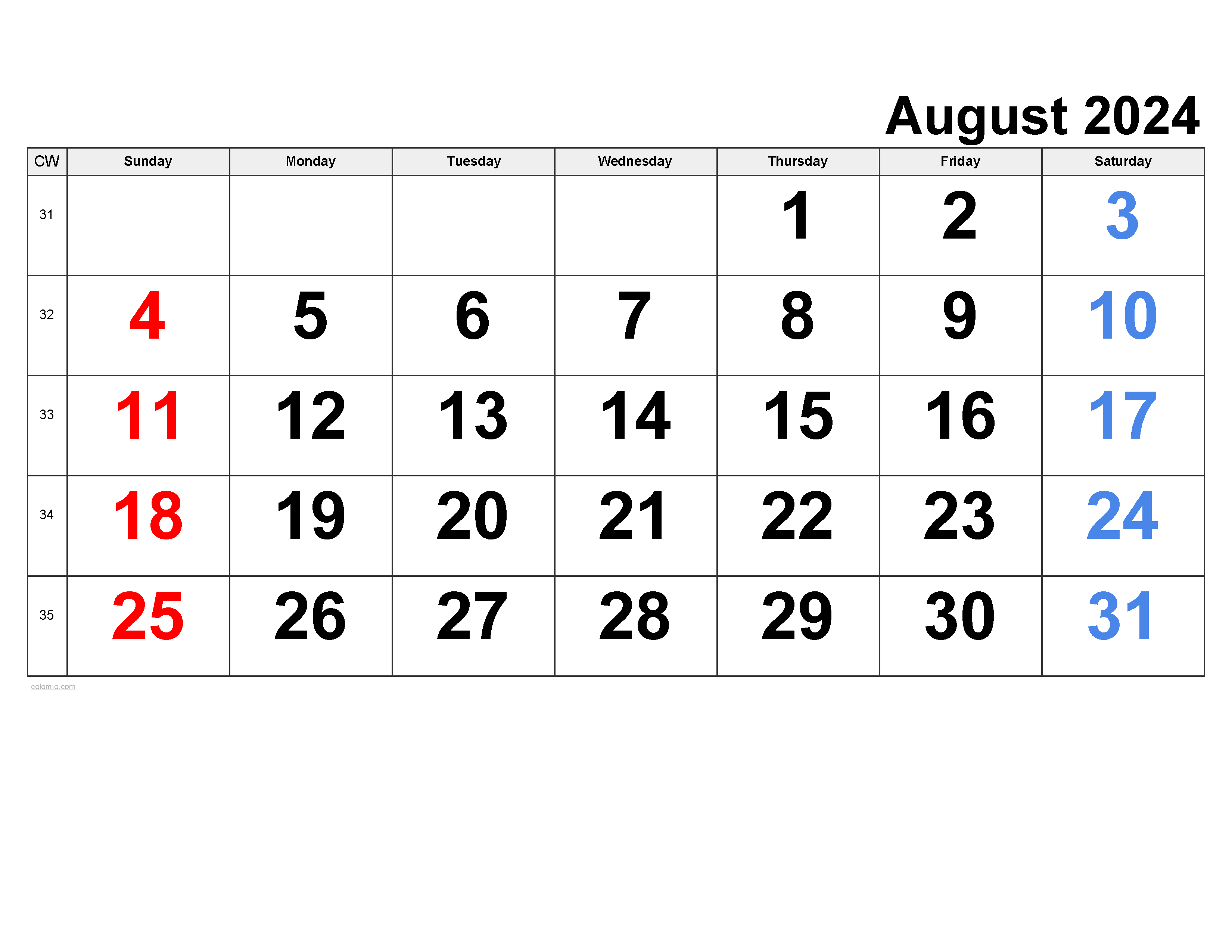 August 2024 Calendar | Free Printable PDF, XLS and PNG