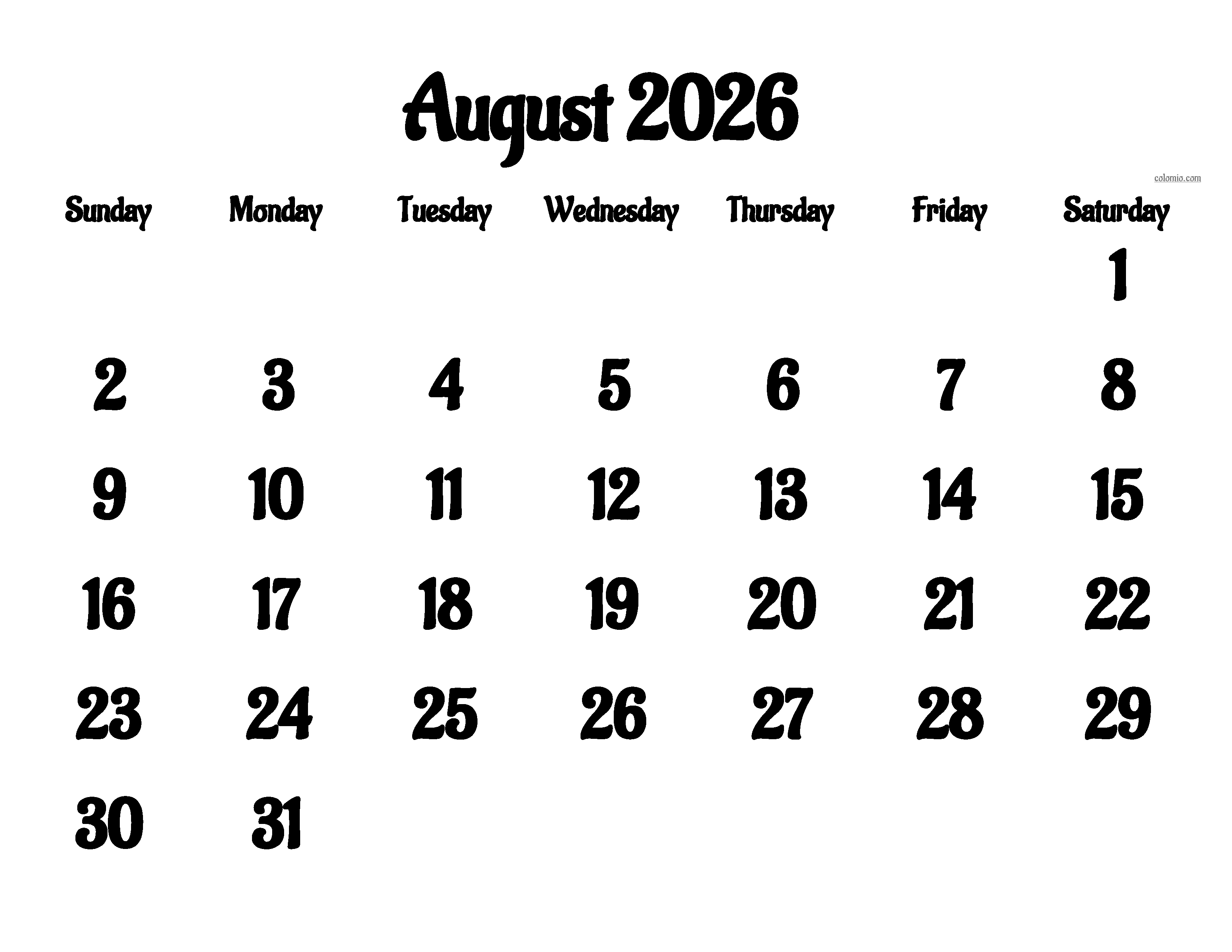 August 2026 calendar printable with week numbers August 2026 calendar printable