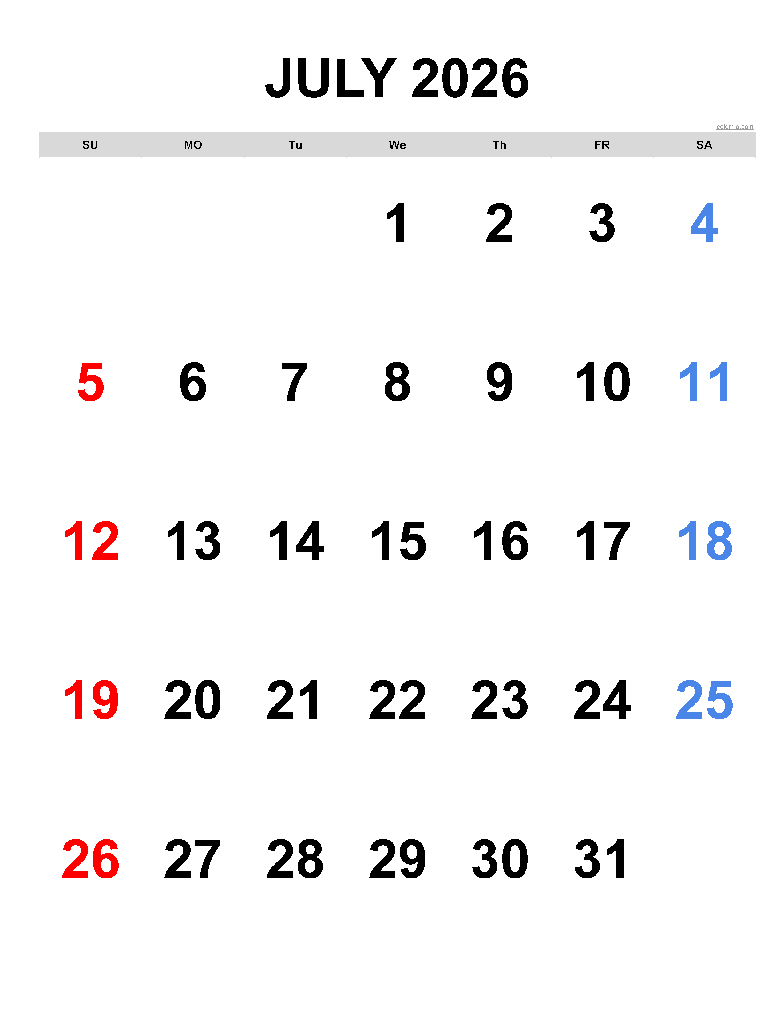 July 2026 Calendar Free Printable PDF Excel July 2026 Calendar Free Printable PDF Excel
