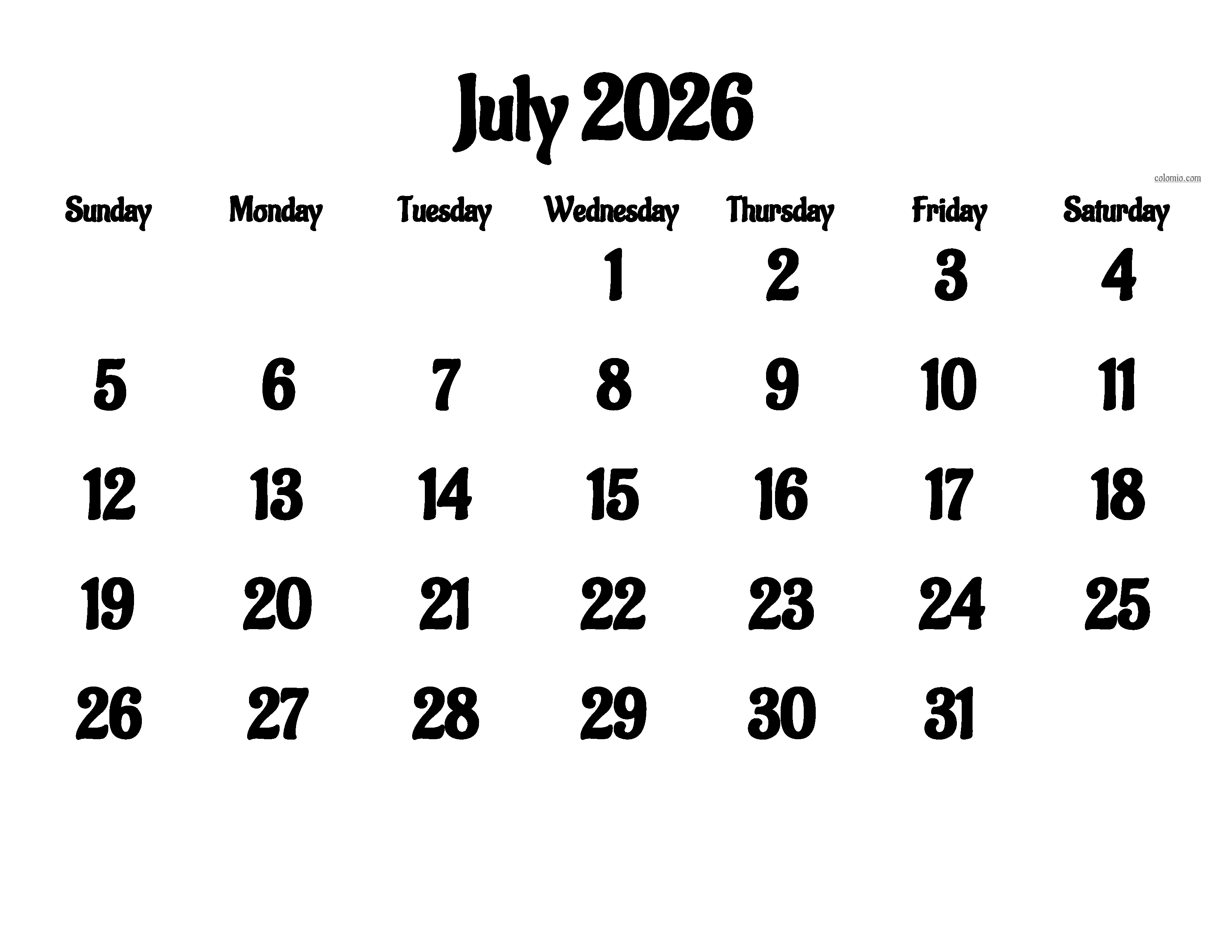July 2026 calendar printable with week numbers July 2026 calendar printable
