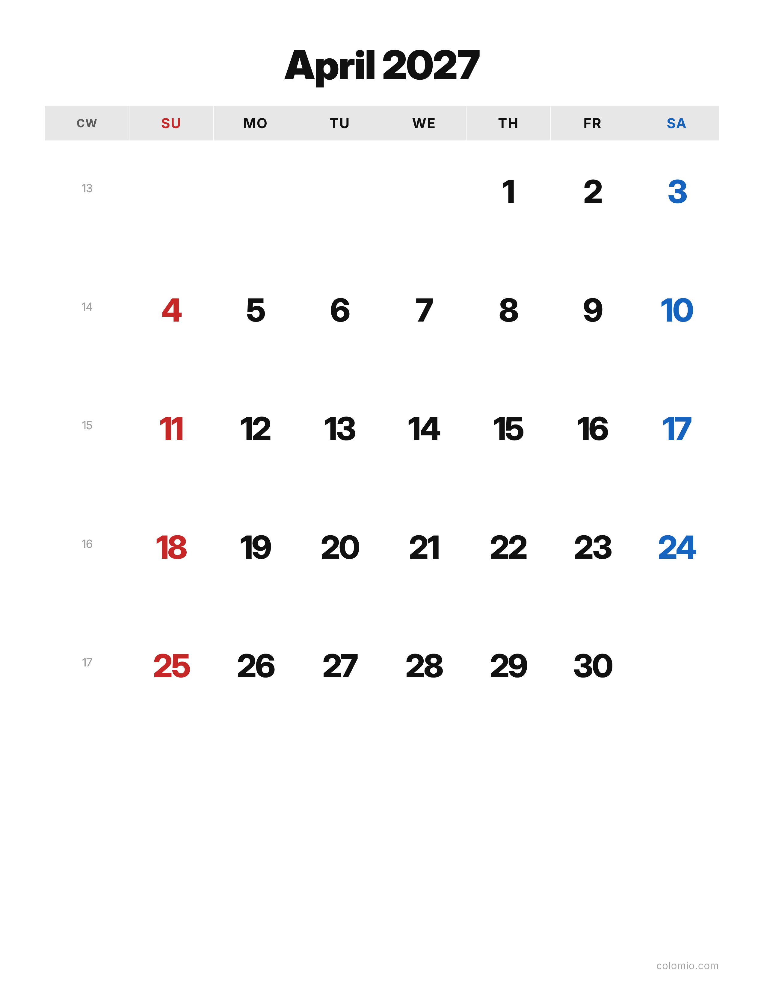 April 2027 calendar classic · portrait, printable PDF
