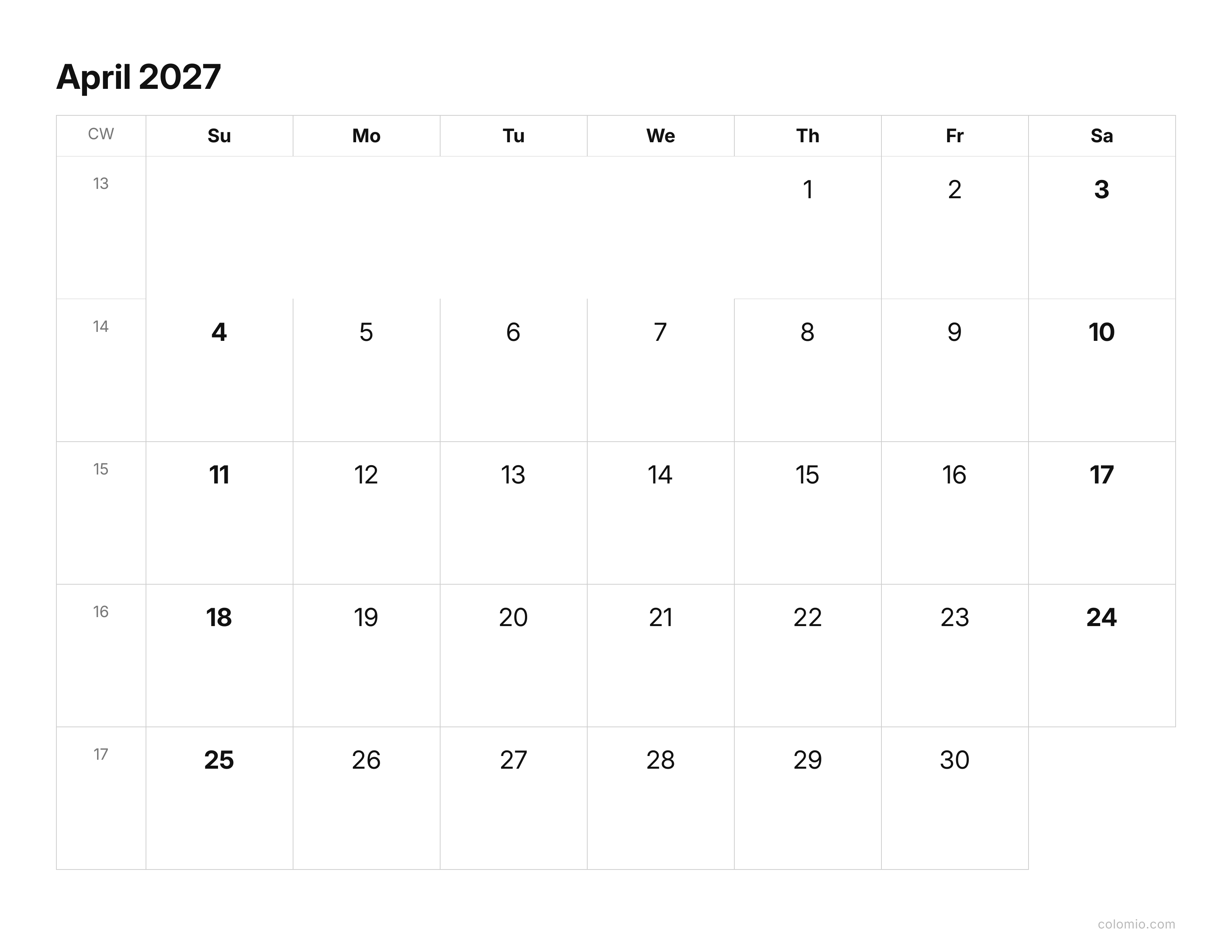 April 2027 calendar clean & minimal · landscape, printable PDF