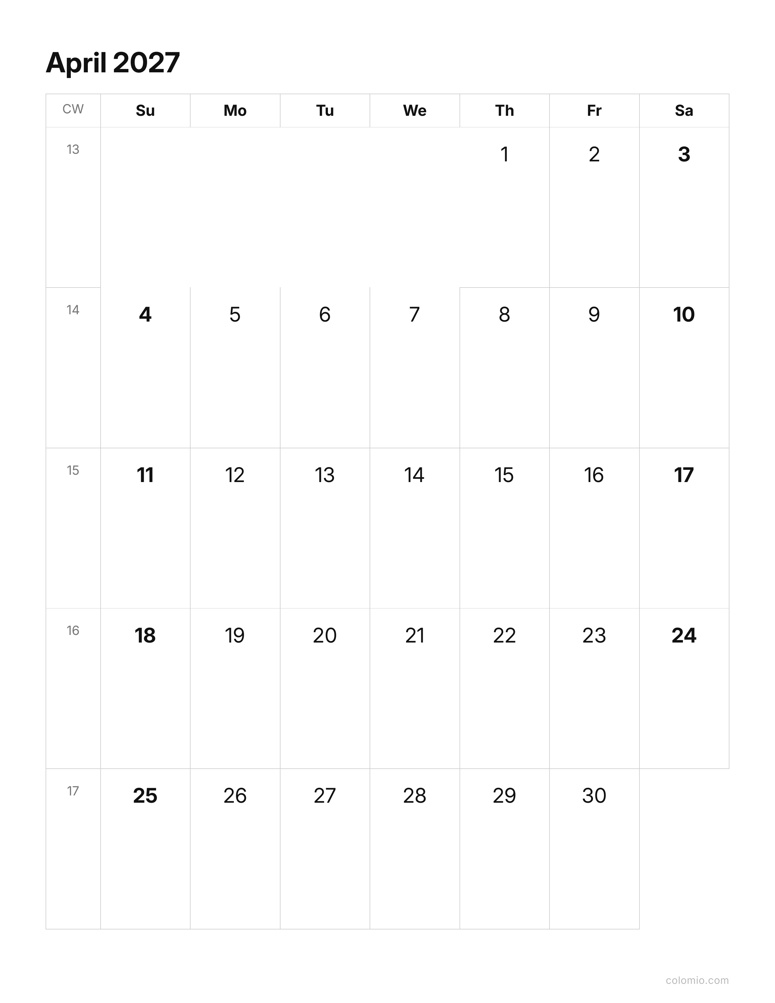 April 2027 calendar clean & minimal · portrait, printable PDF