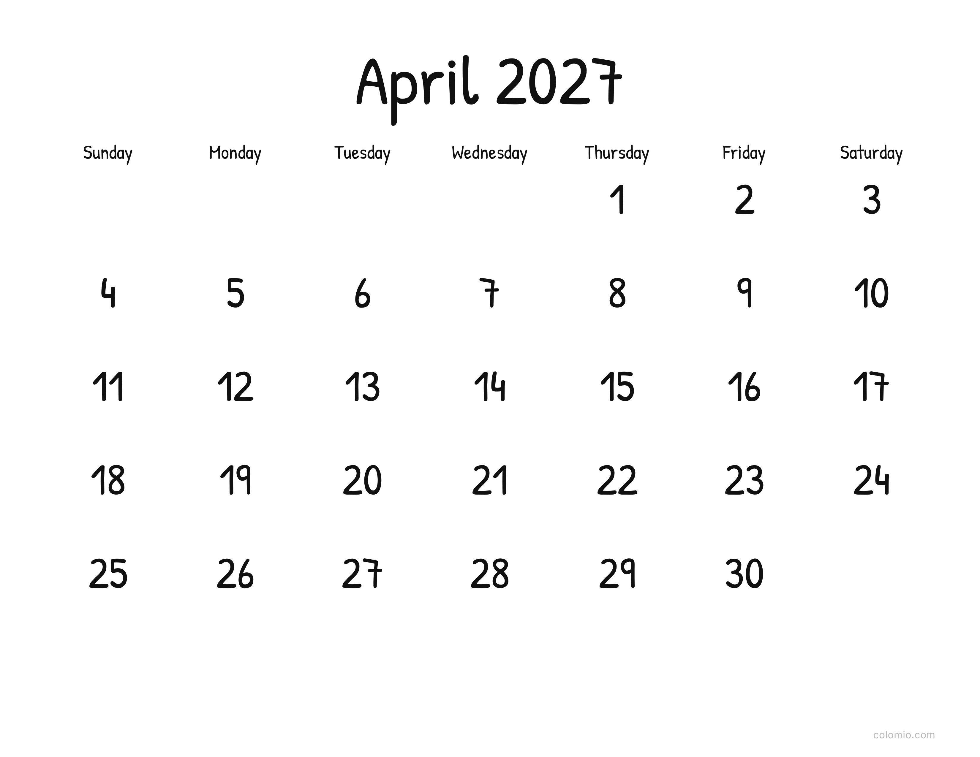 April 2027 calendar display · landscape, printable PDF