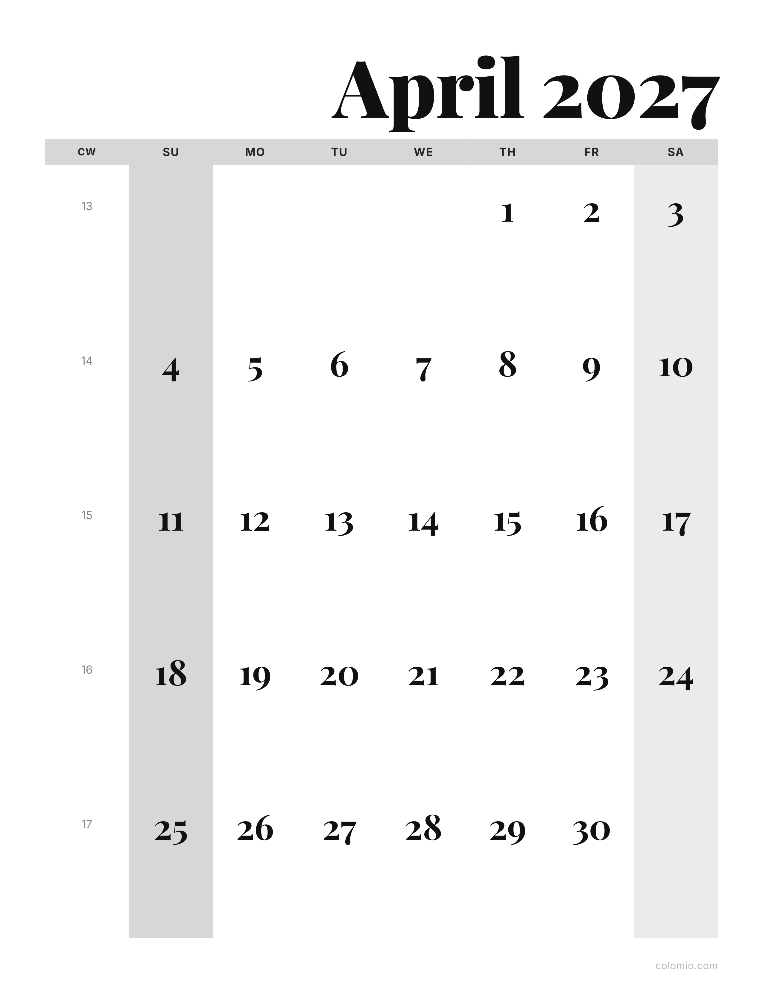 April 2027 calendar editorial · portrait, printable PDF