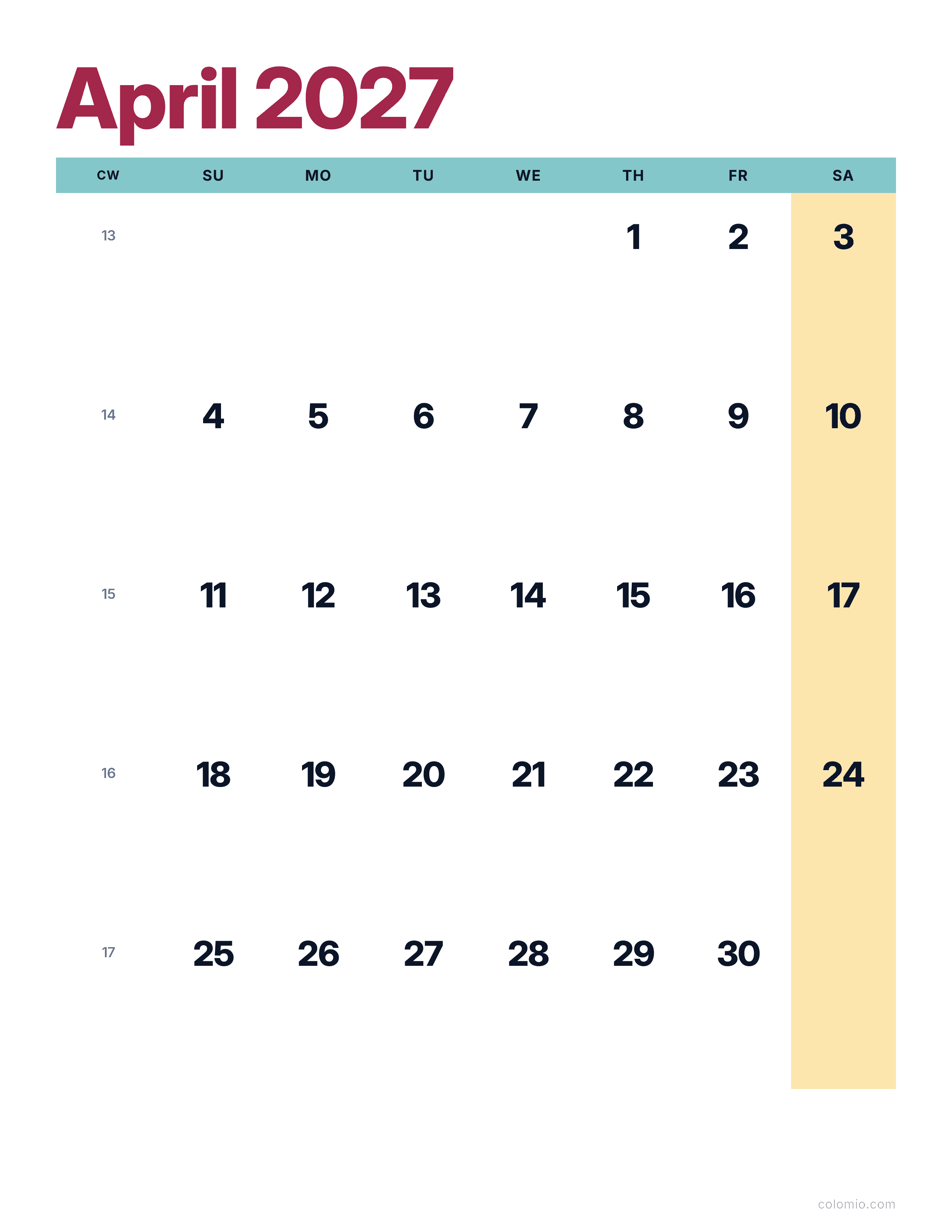 April 2027 calendar bright & modern · portrait, printable PDF