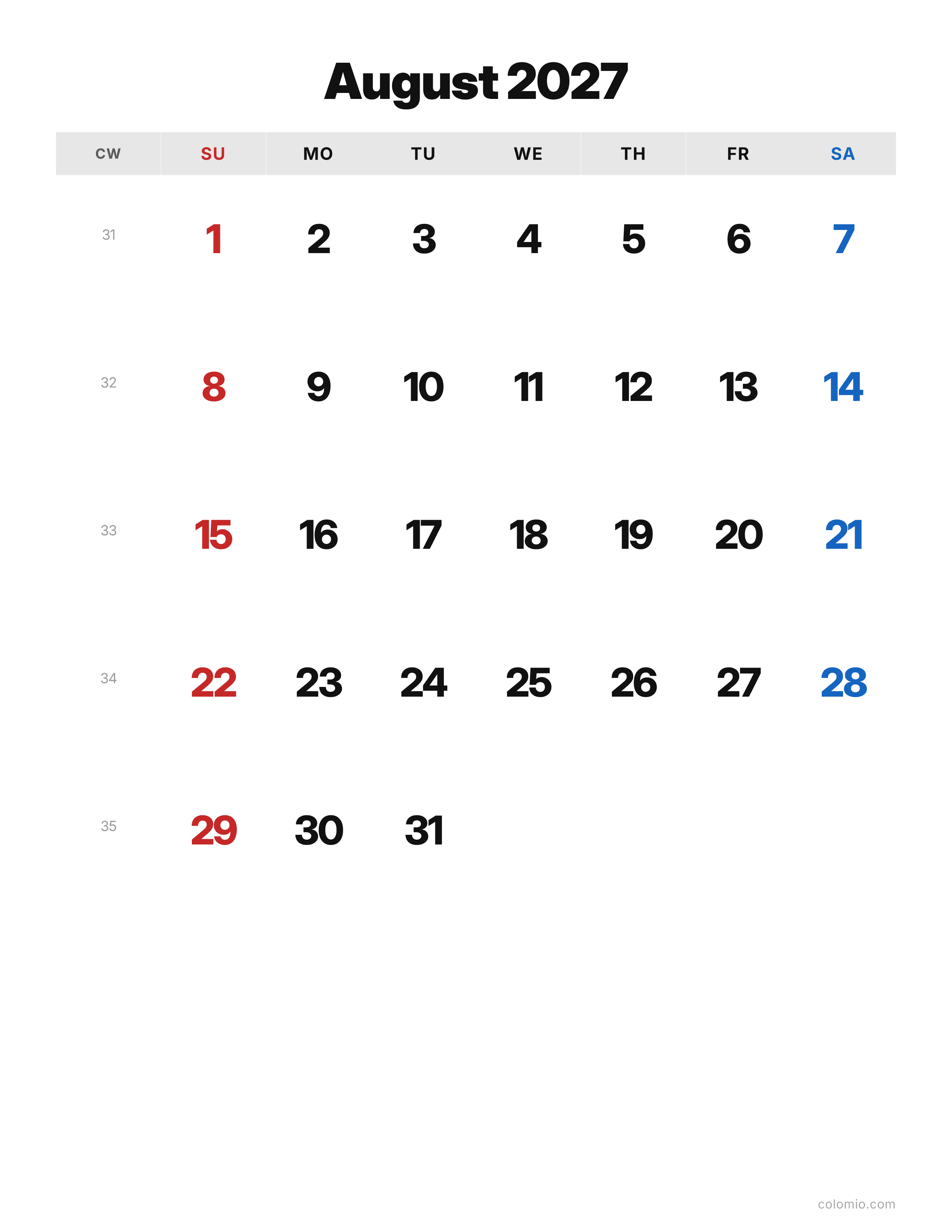 August 2027 calendar classic · portrait, printable PDF