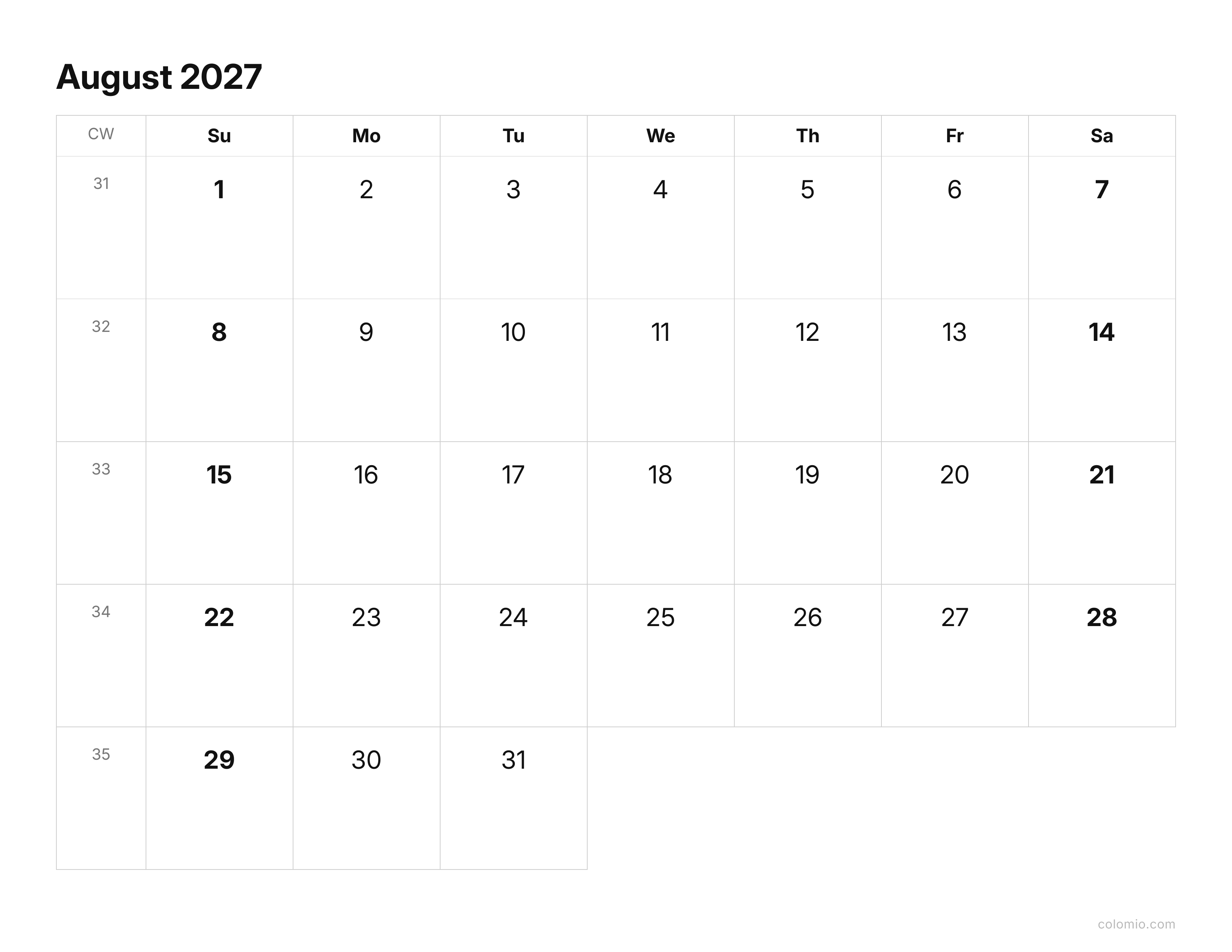 August 2027 calendar clean & minimal · landscape, printable PDF